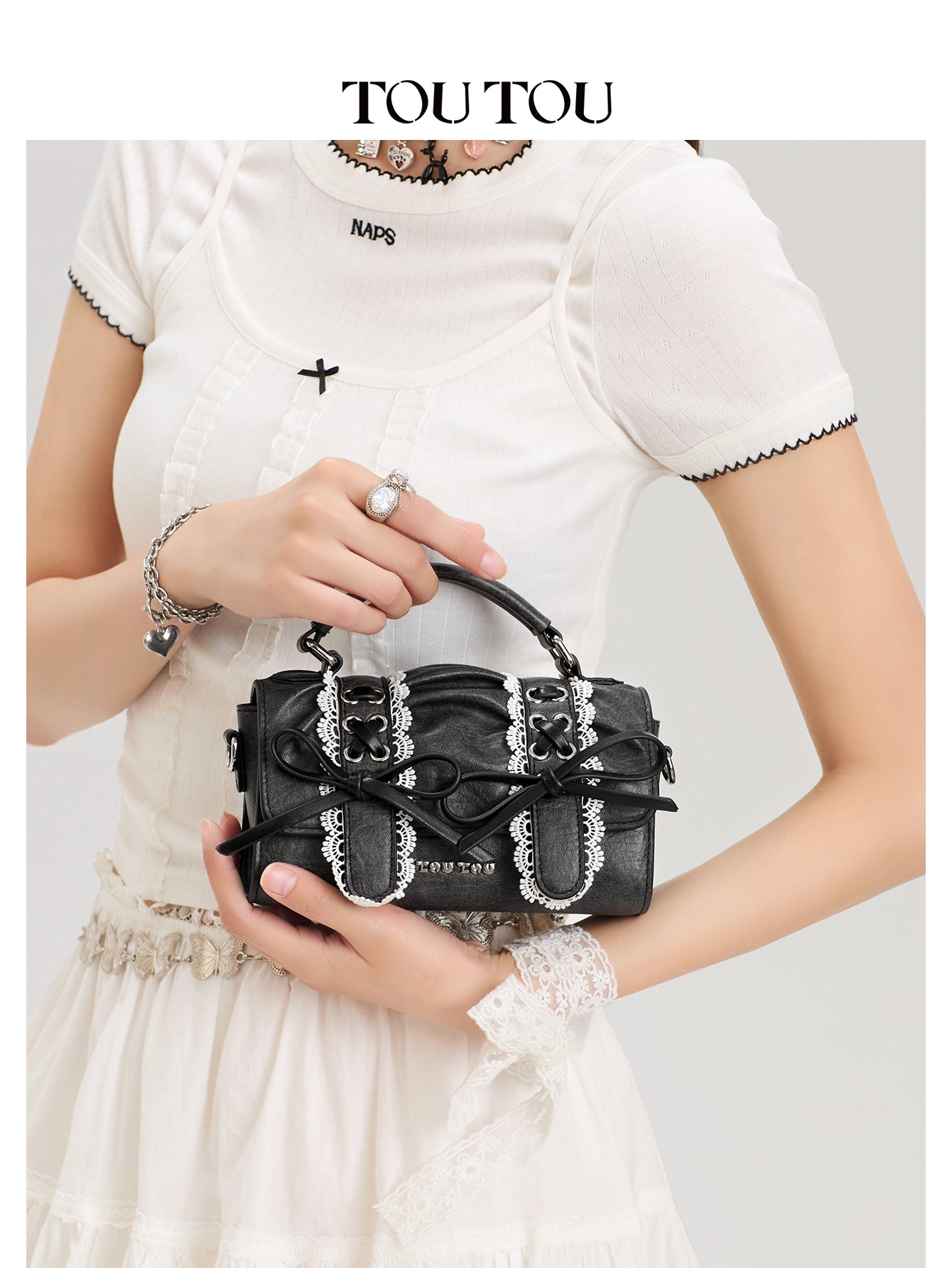 TOUTOU Black Barrel Bag with Lace & Bow Accents: Y2K - Inspired Cute Goth Style