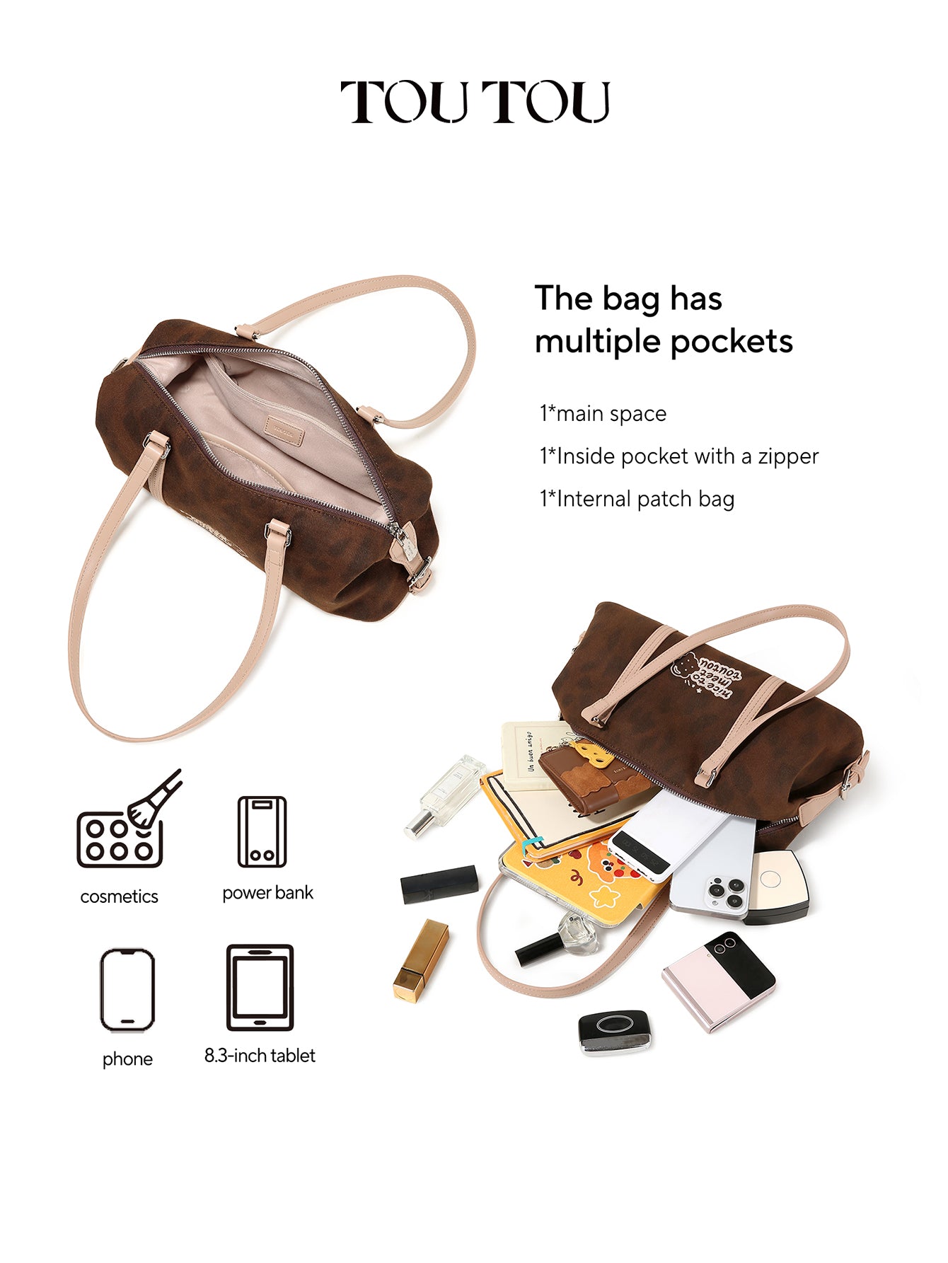 TOUTOU Brown Hobo Shoulder Bag - Cute "Nice to Meet Toutou" Embroidery & Coffee Charm, Fits 8.3" Tablet