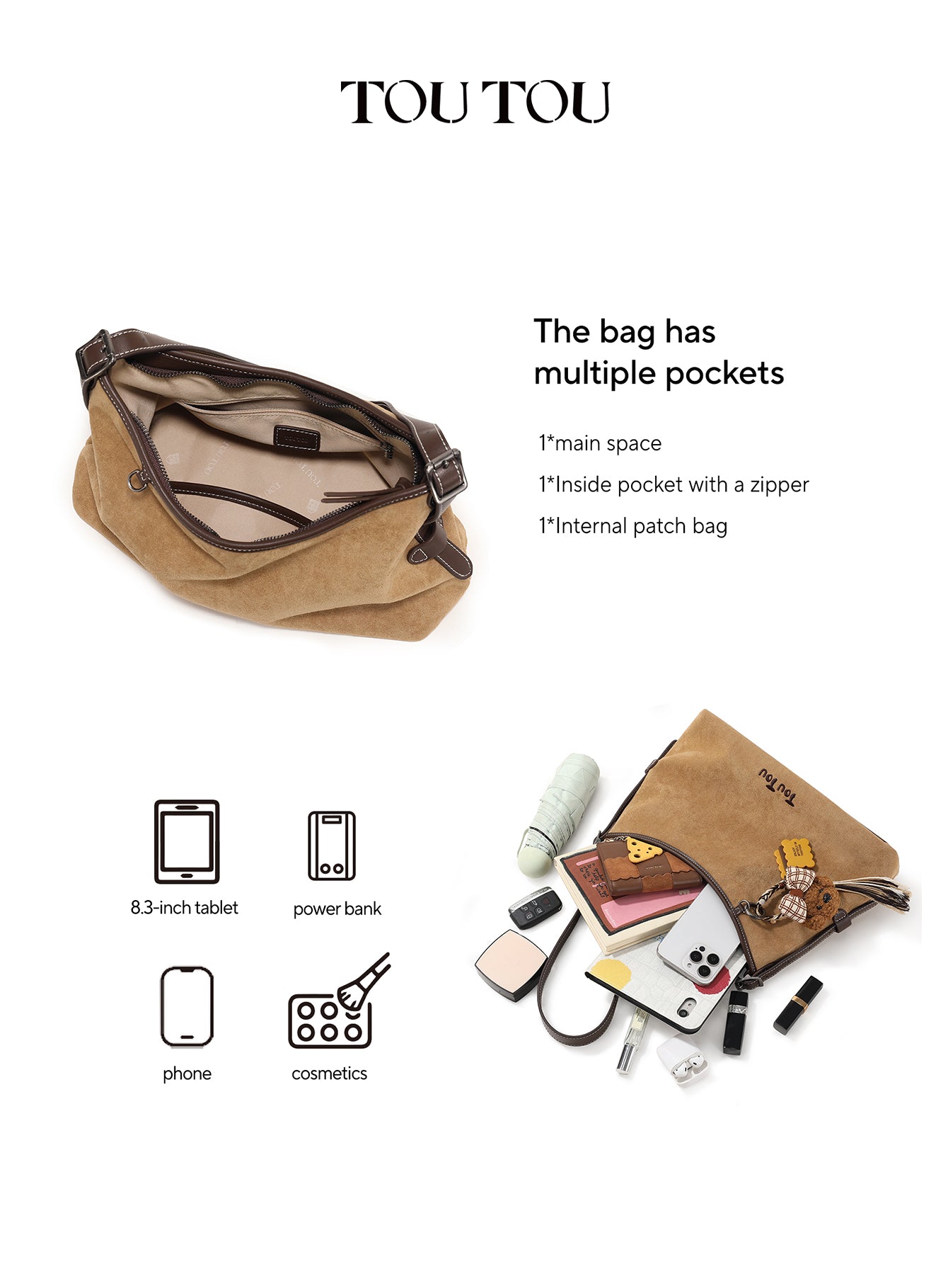 TOUTOU Beige Hobo Bag with Plush Bear Pendant: Retro & Playful