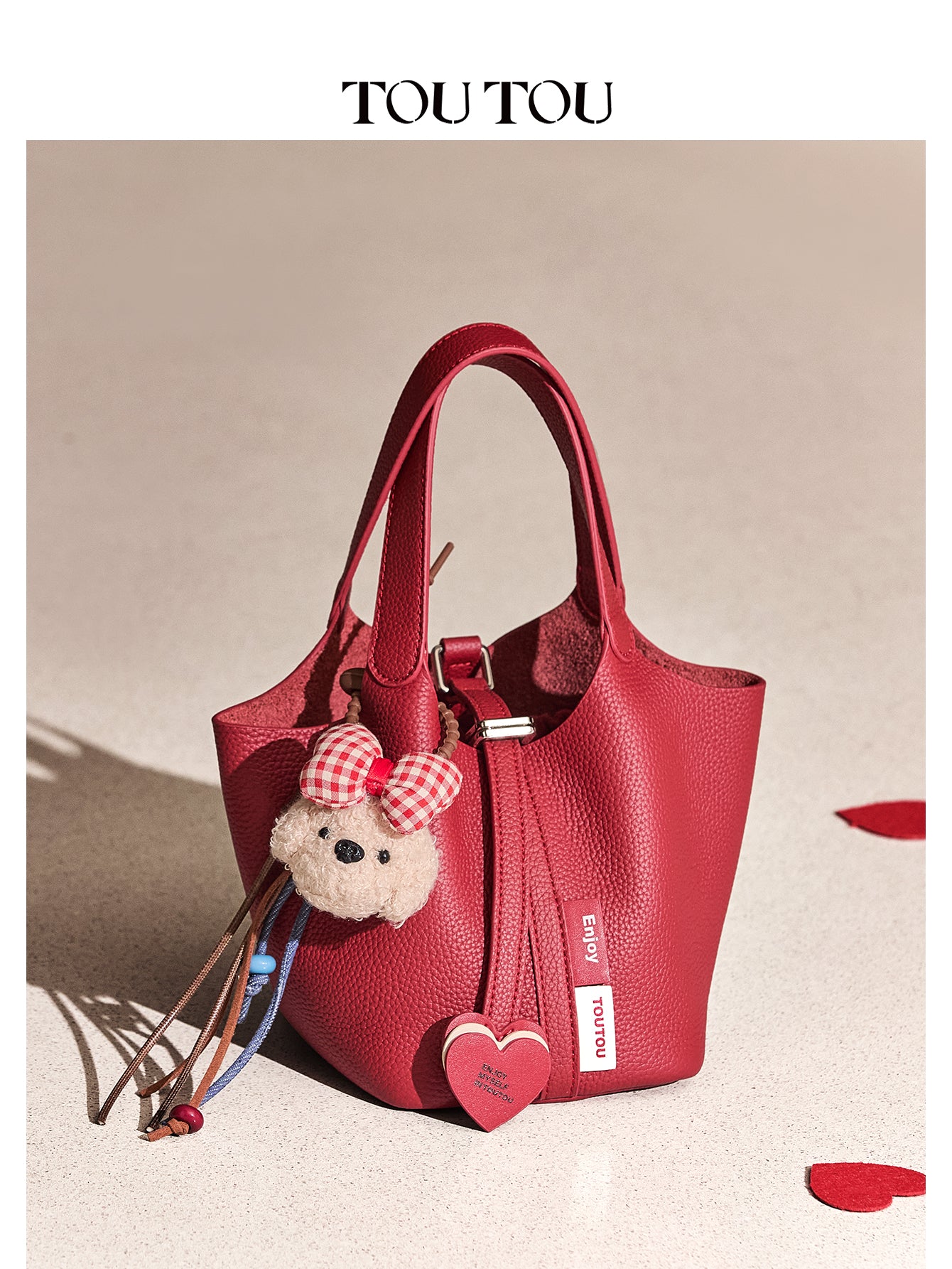TOUTOU Red Cowhide Bucket Bag: Cute Teddy Charm & Versatile Style