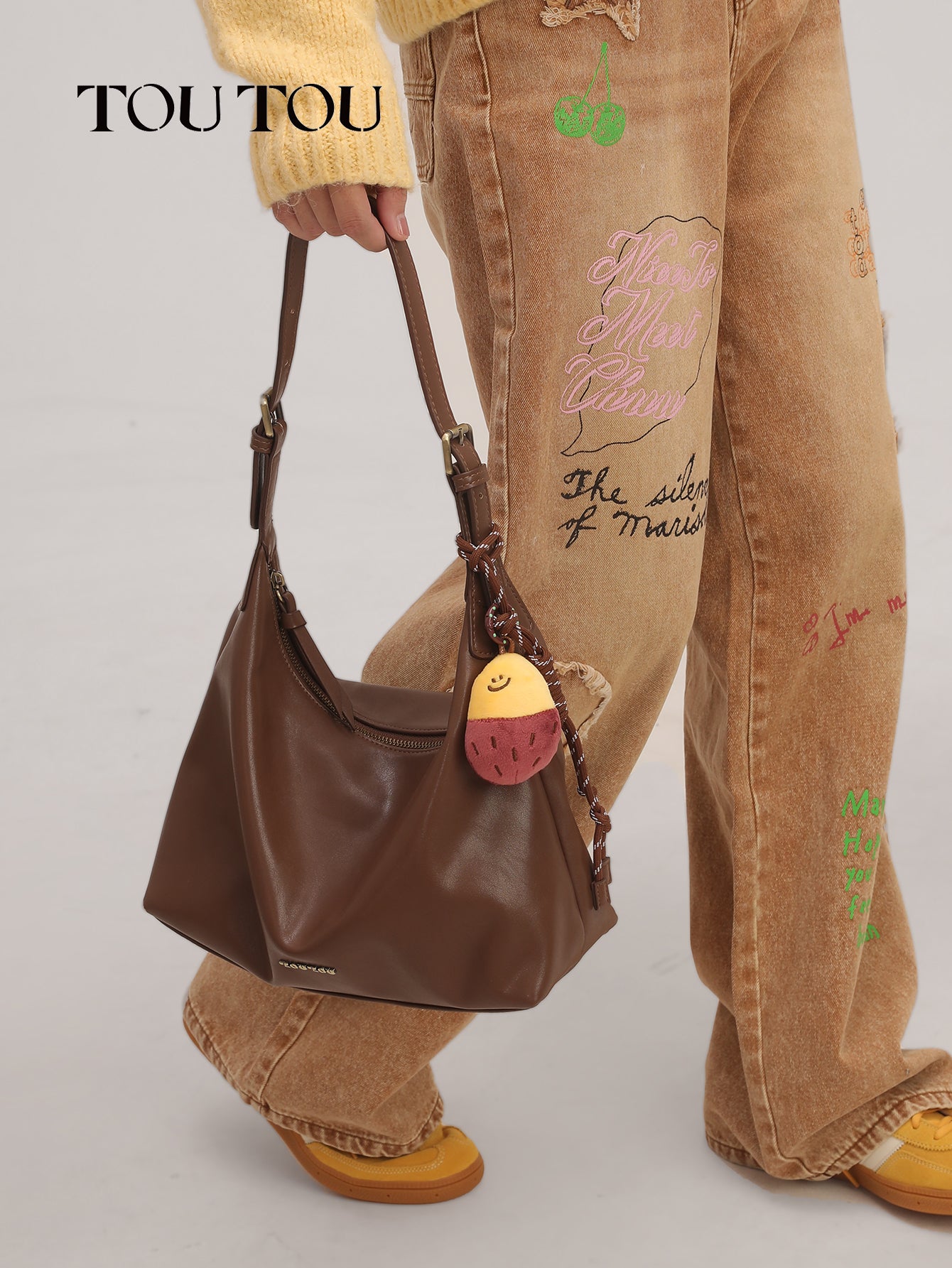 TOUTOU Brown Hobo Bag: Plush Fruit Pendant & Versatile Styling