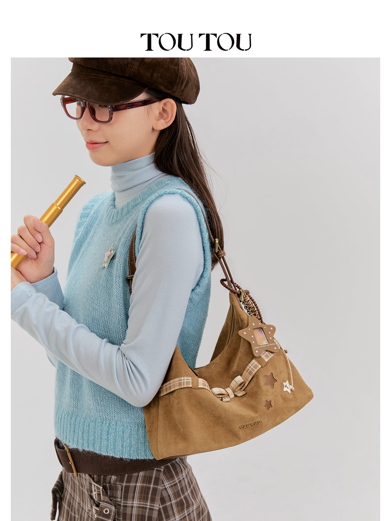 TOUTOU Cute Star & Bow Hobo Bag for Women - Brown Suede-Like Shoulder Bag with Multiple Pockets