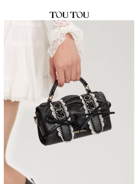 TOUTOU Black Barrel Bag with Lace & Bow Accents: Y2K - Inspired Cute Goth Style