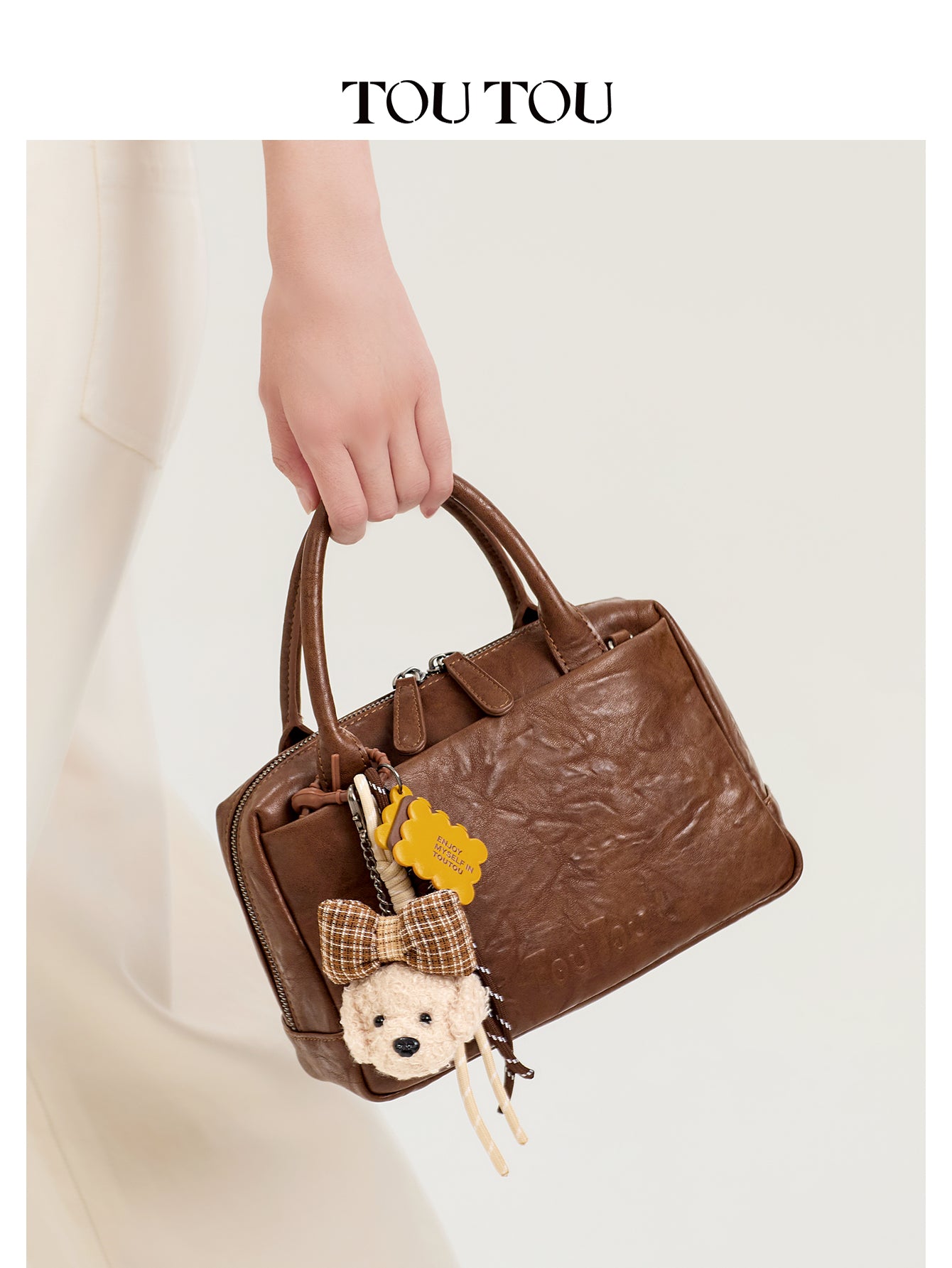 TOUTOU Brown Bowling Handbag: Cute Dog Charm & Multi - Pocket Design