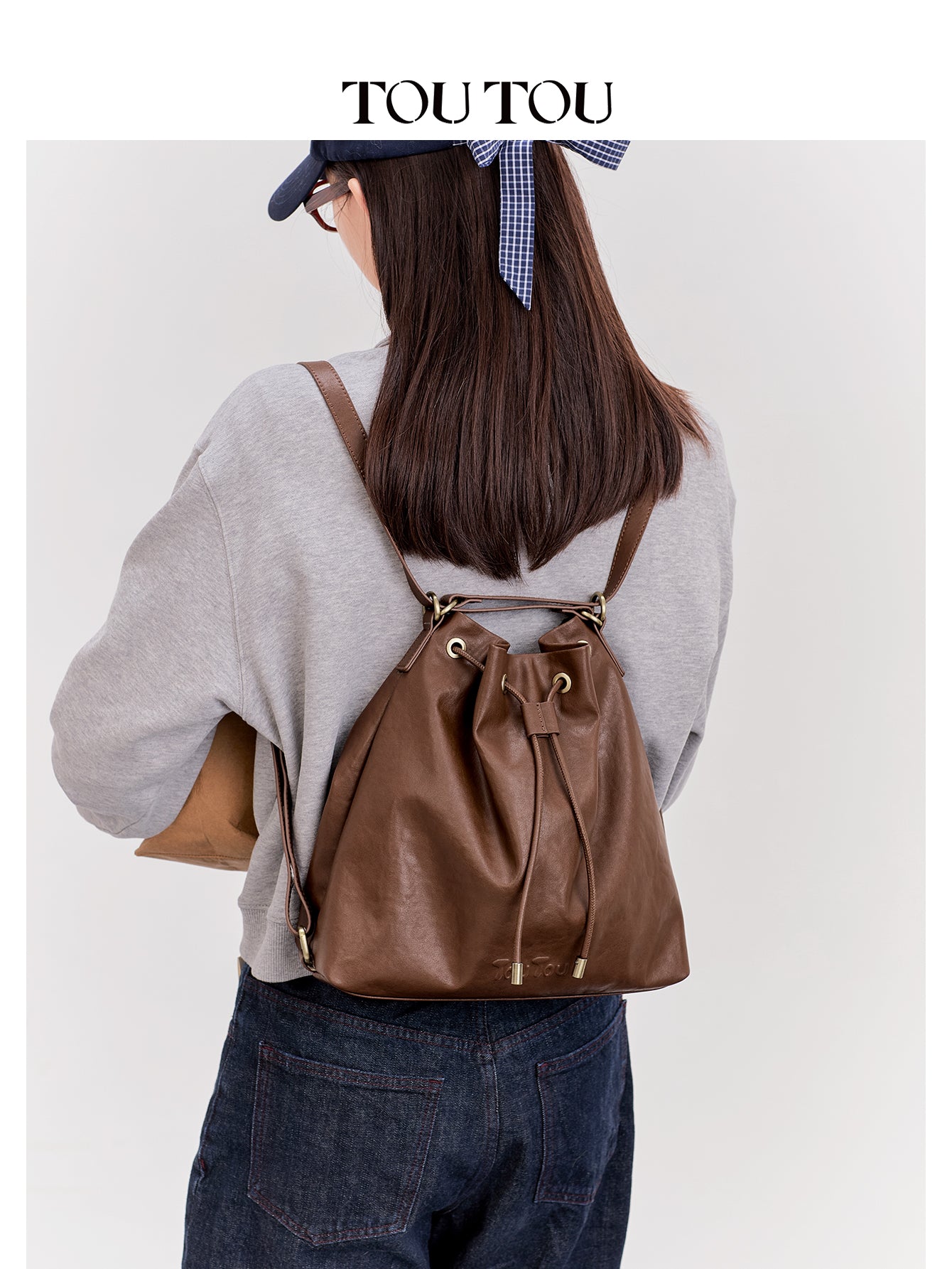 TOUTOU Cowhide Bucket Bag for Women - Drawstring Closure, Adjustable Strap Leather Shoulder Handbag