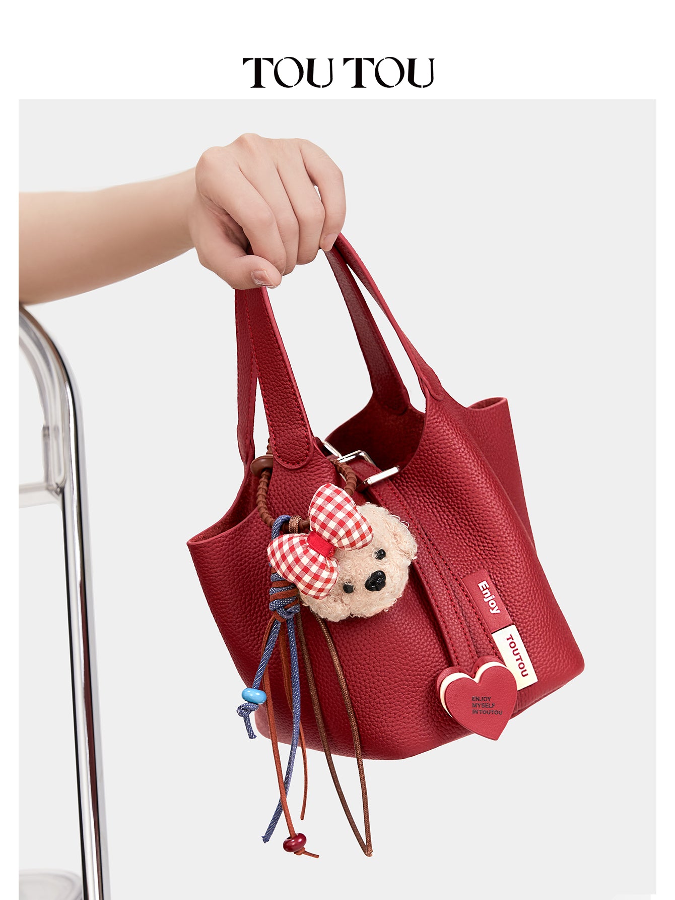 TOUTOU Red Cowhide Bucket Bag: Cute Teddy Charm & Versatile Style
