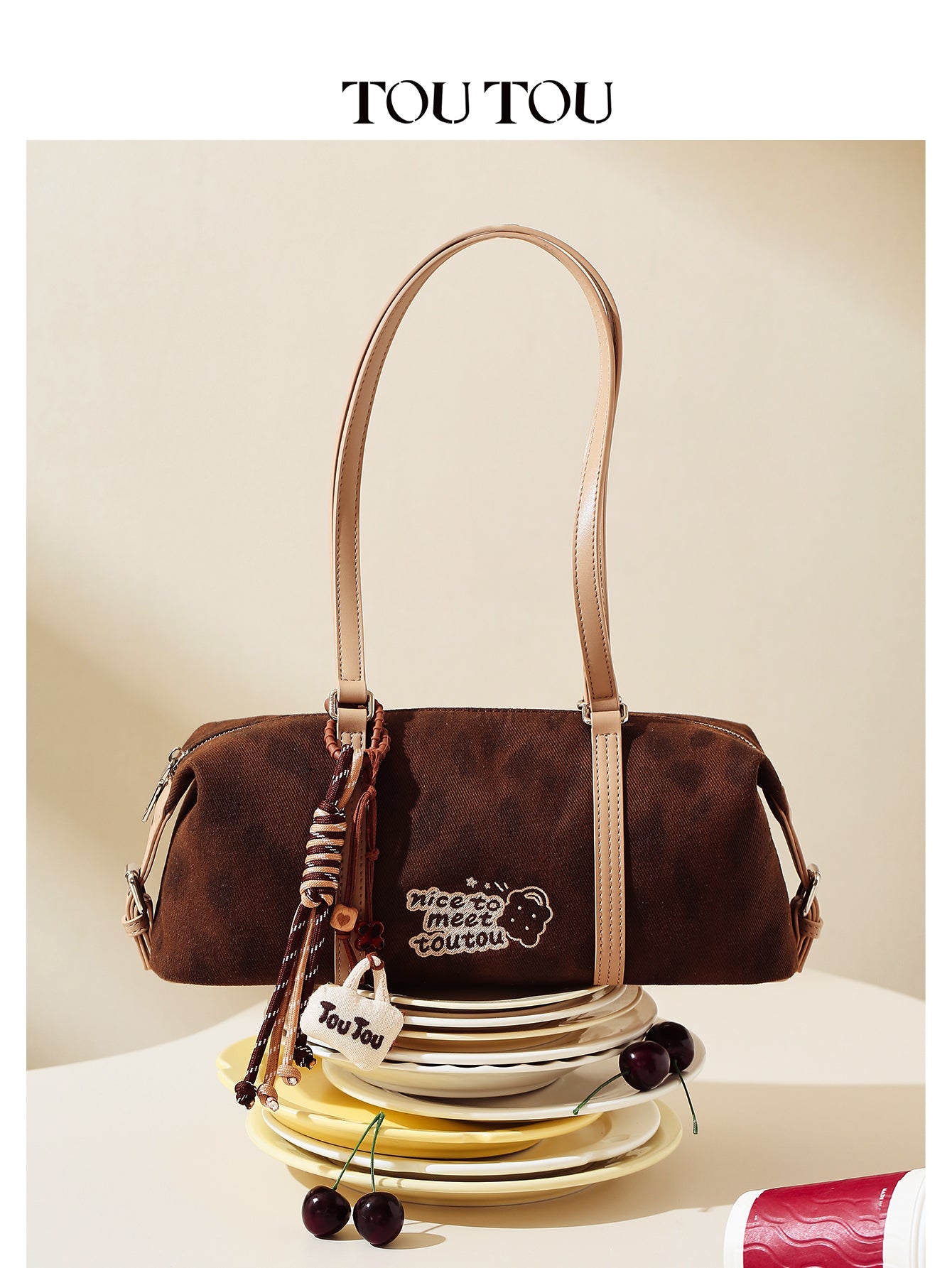 TOUTOU Brown Hobo Shoulder Bag - Cute "Nice to Meet Toutou" Embroidery & Coffee Charm, Fits 8.3" Tablet