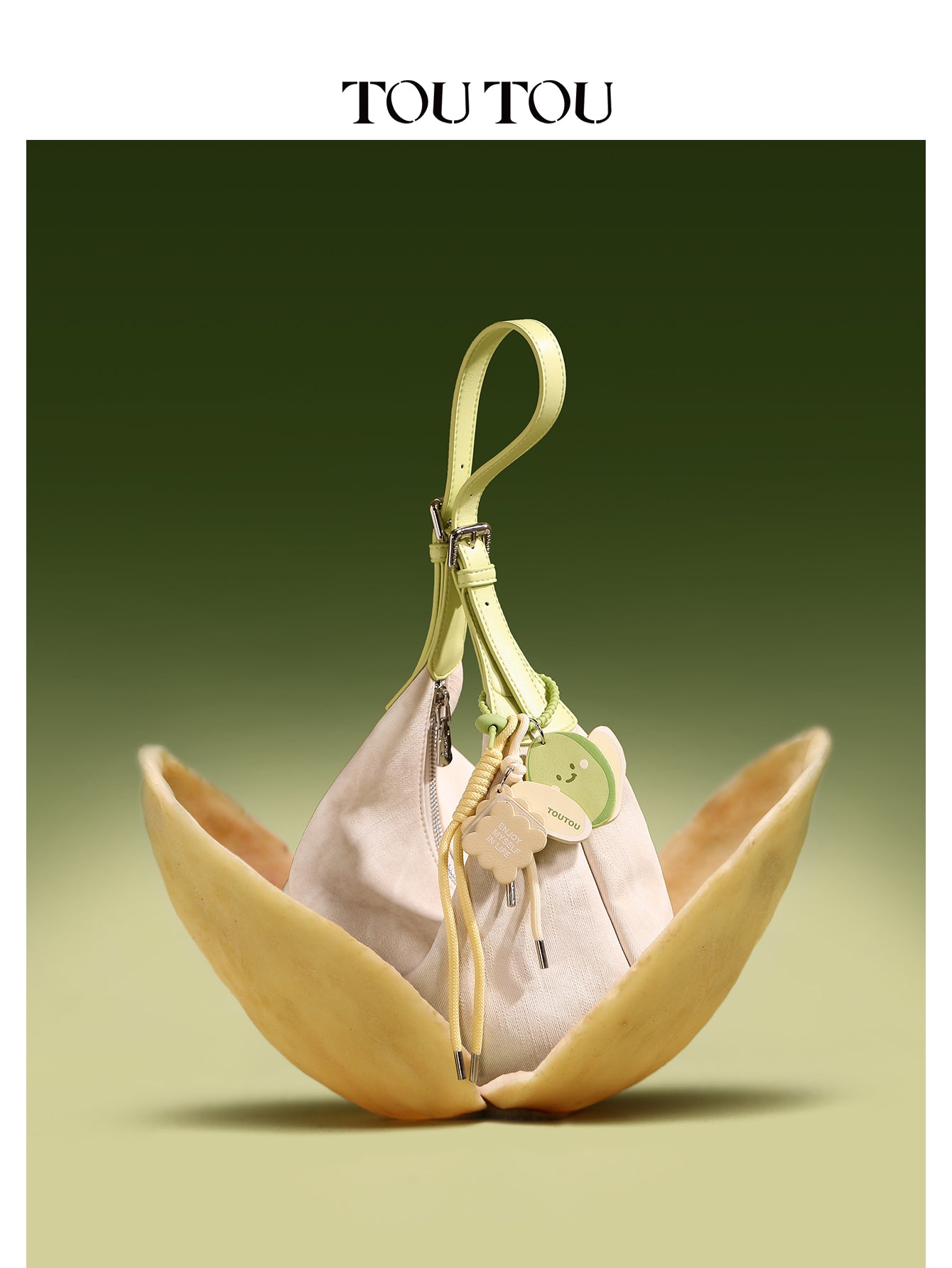 TOUTOU Beige Hobo Bag: Cute Fruit Pendant & Adjustable Strap