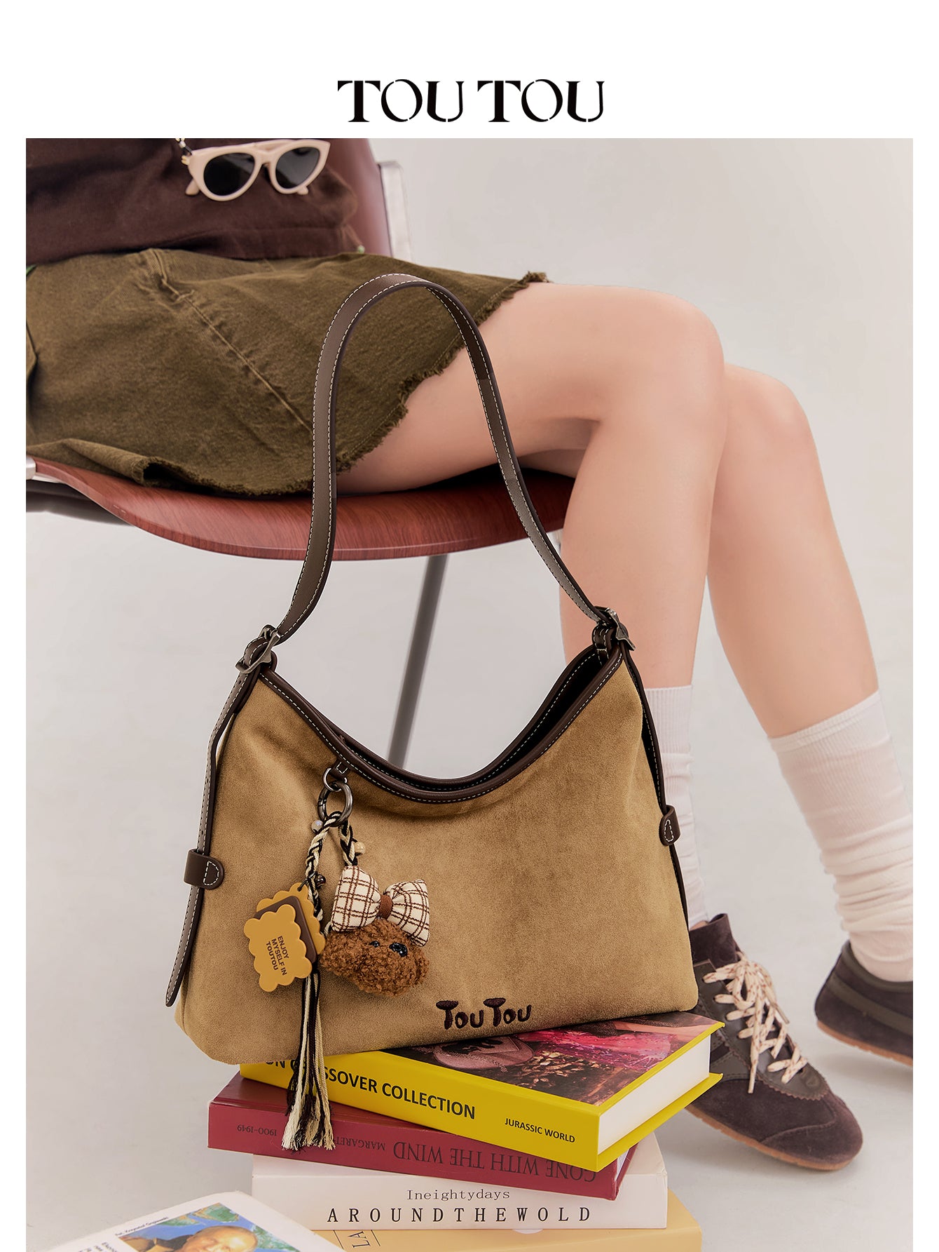 TOUTOU Beige Hobo Bag with Plush Bear Pendant: Retro & Playful