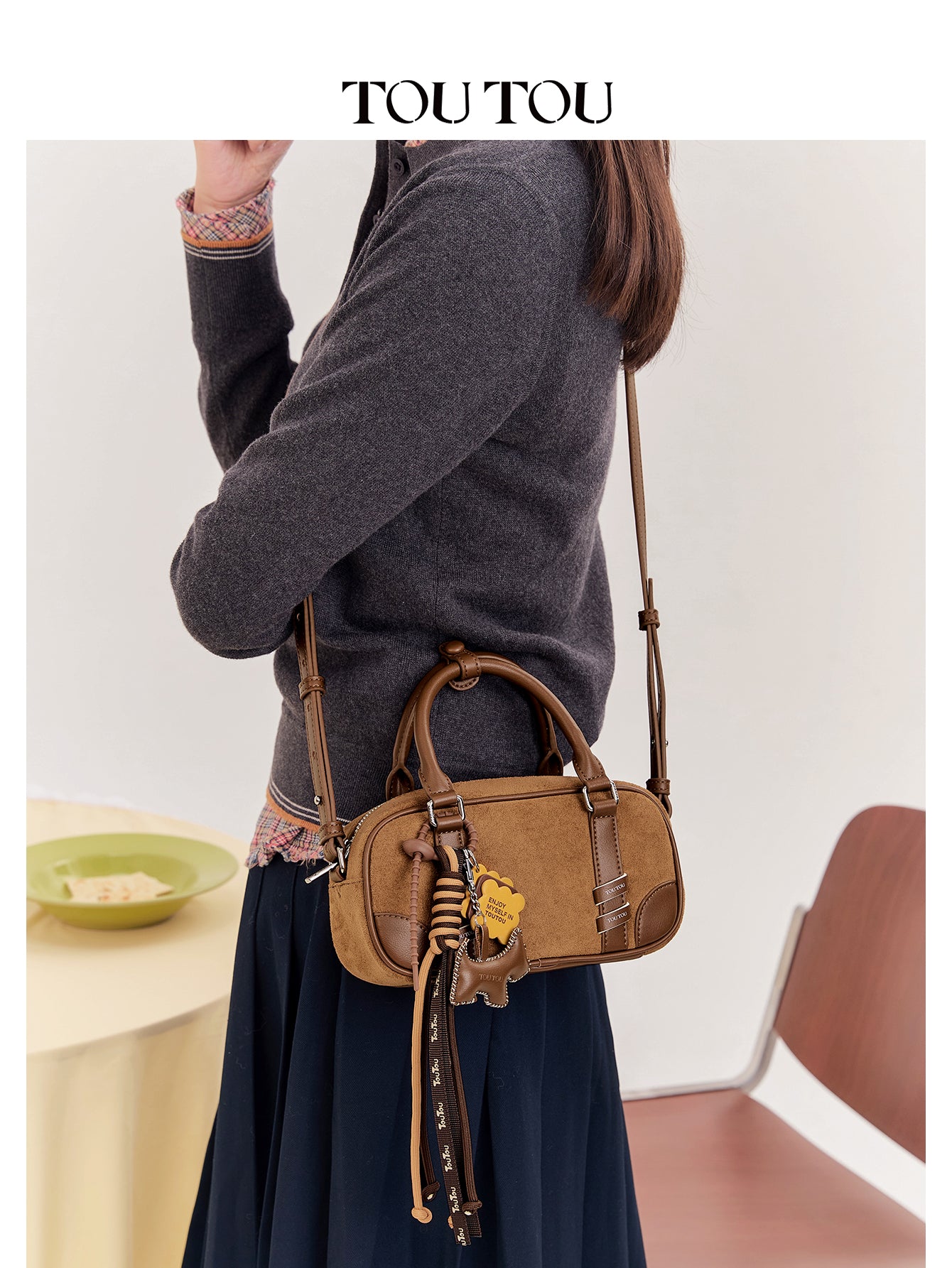 TOUTOU Brown Suede Boston Bag with Cute Pendant: Stylish & Compact