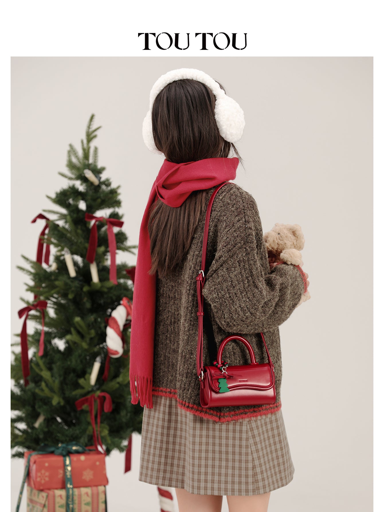 TOUTOU Christmas Tree Decor Faux Leather Handbag - Mini Top Handle & Crossbody Bag for Women