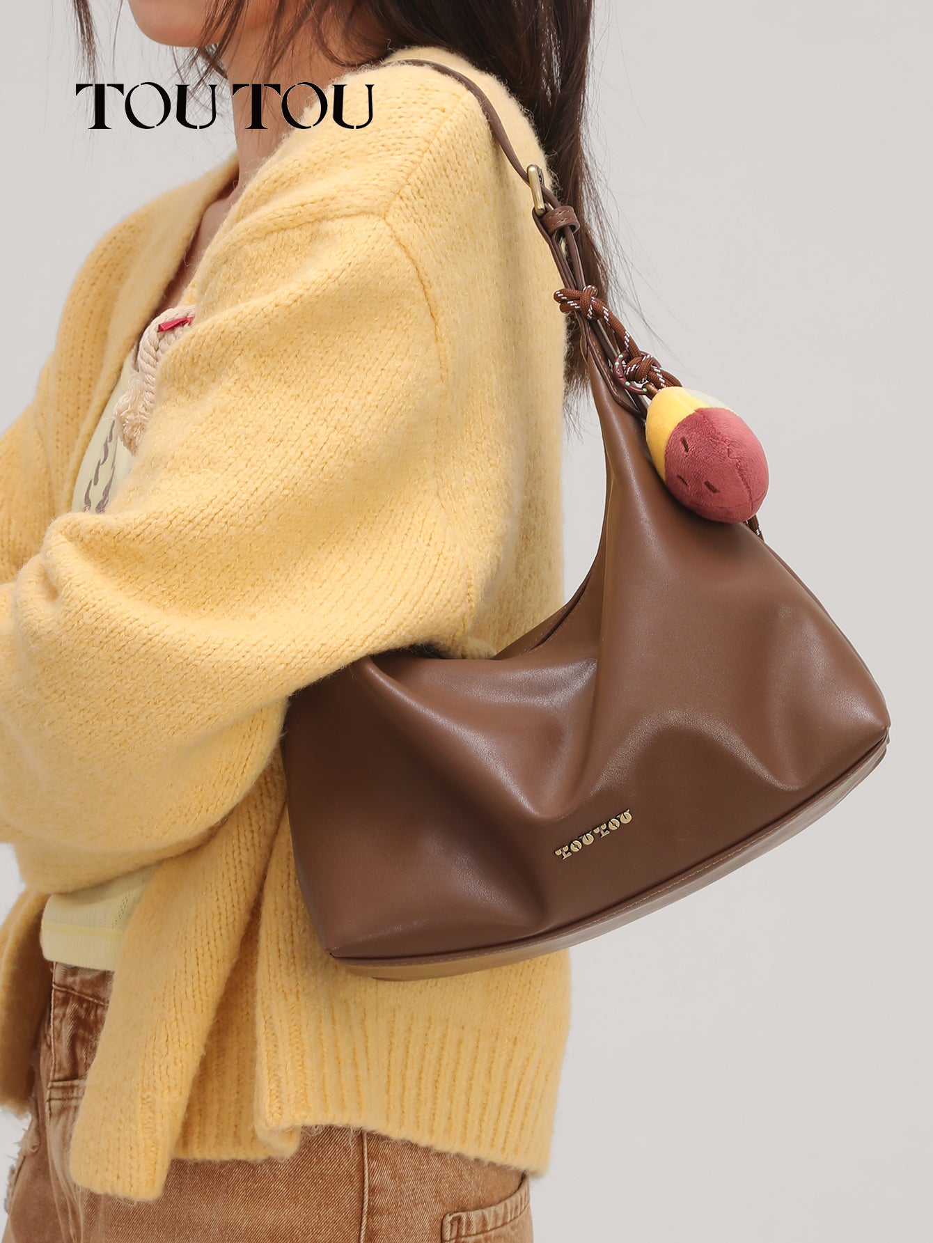TOUTOU Brown Hobo Bag: Plush Fruit Pendant & Versatile Styling