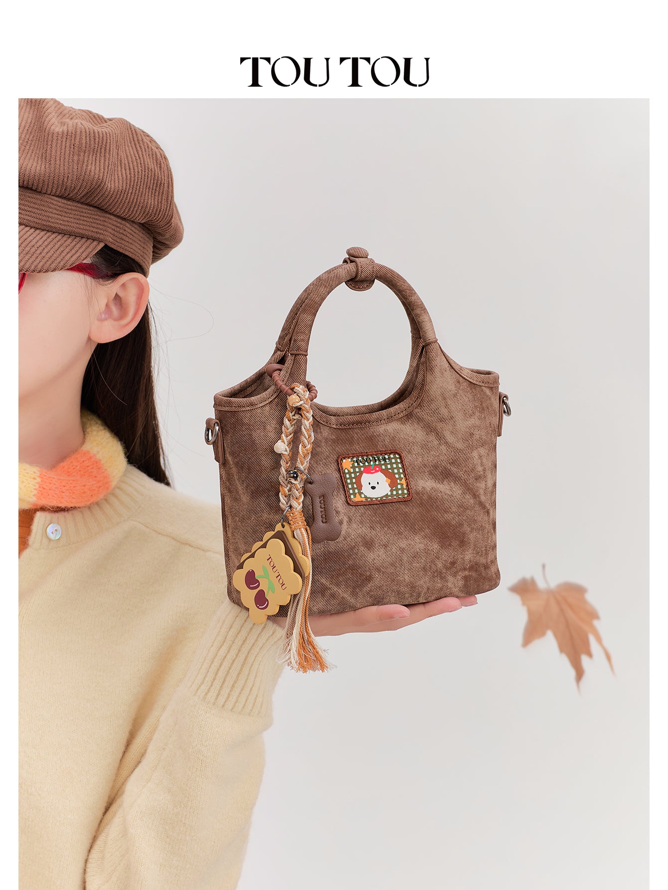 TOUTOU Cute Cartoon Dog Mini Tote Bag - Microfiber Leather Handbag with Removable Strap