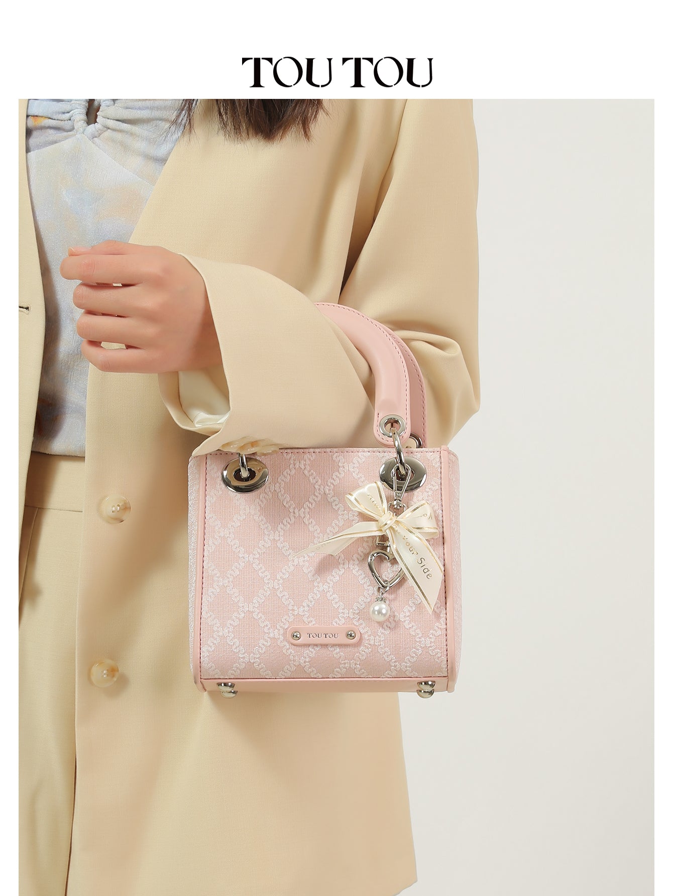 TOUTOU Embroidered Mini Handbag Bag: Bow & Pearl Charm, 3 - Color Options
