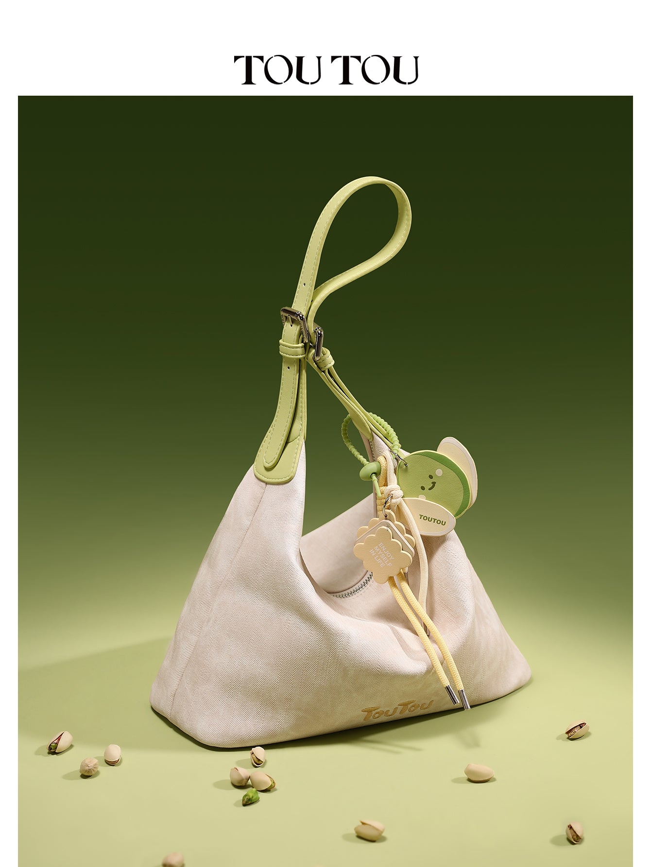 TOUTOU Beige Hobo Bag: Cute Fruit Pendant & Adjustable Strap