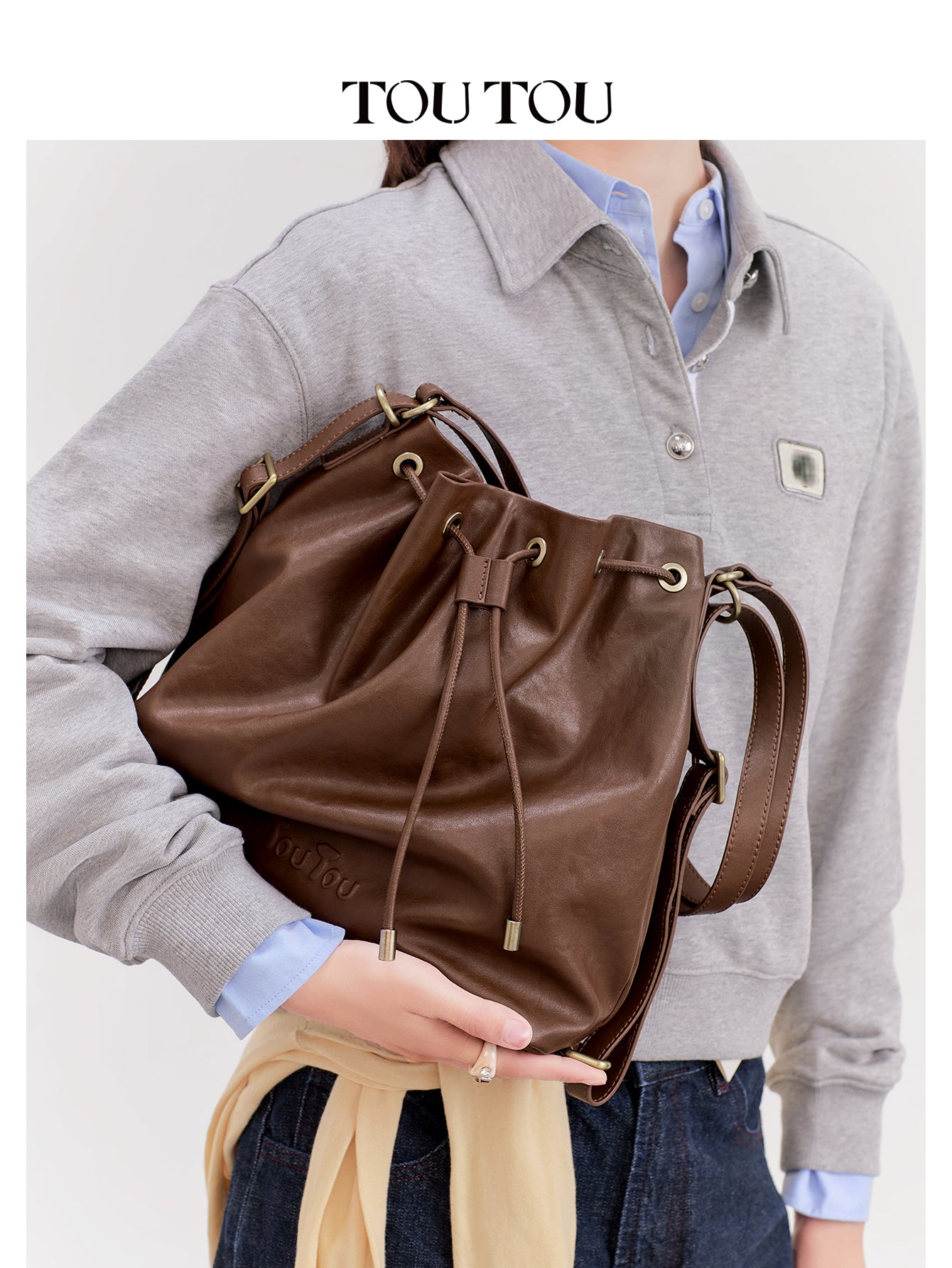 TOUTOU Cowhide Bucket Bag for Women - Drawstring Closure, Adjustable Strap Leather Shoulder Handbag