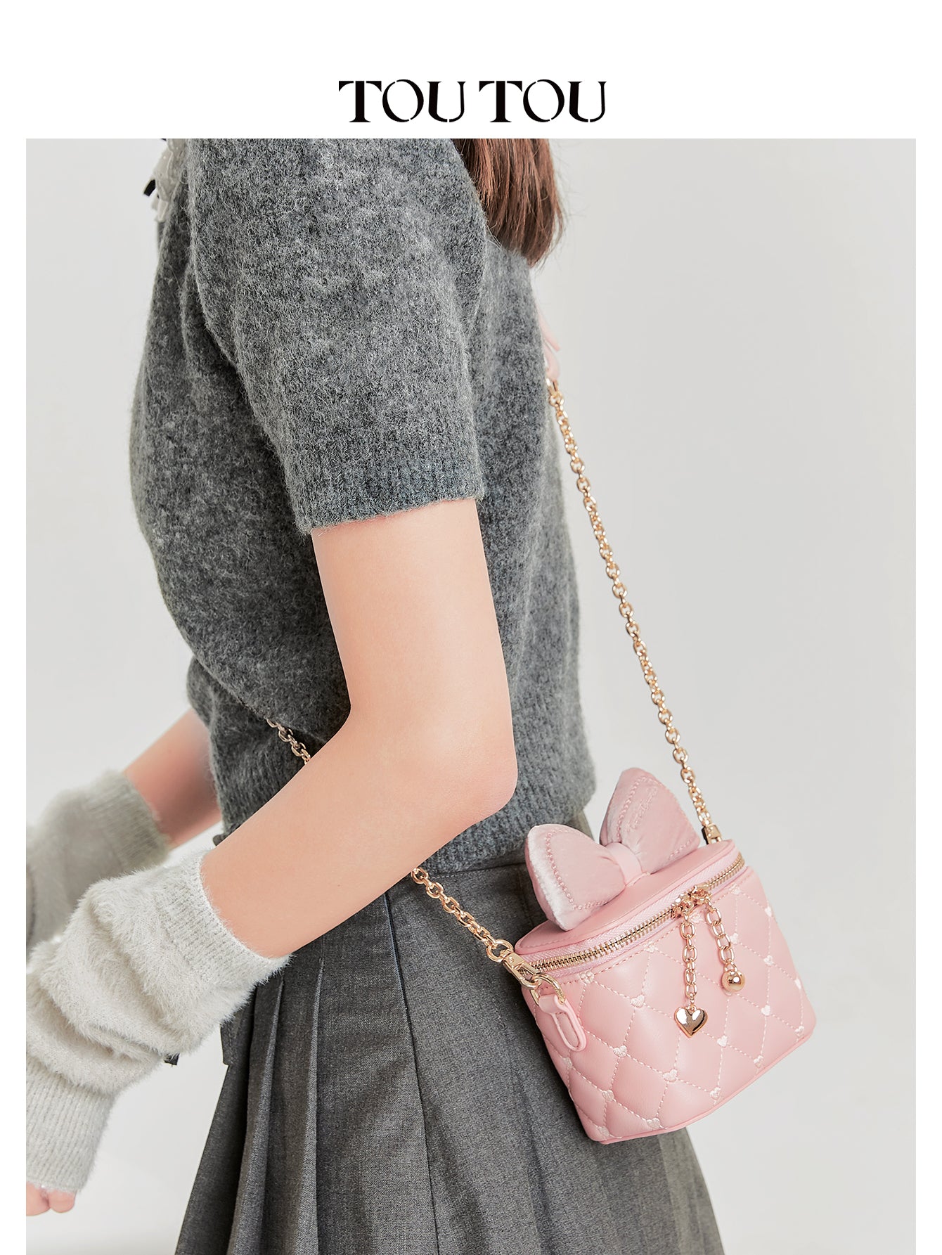 TOUTOU Cute Pink Mini Crossbody Bag with Velvet Bow - Quilted Heart Pattern Purse for Women