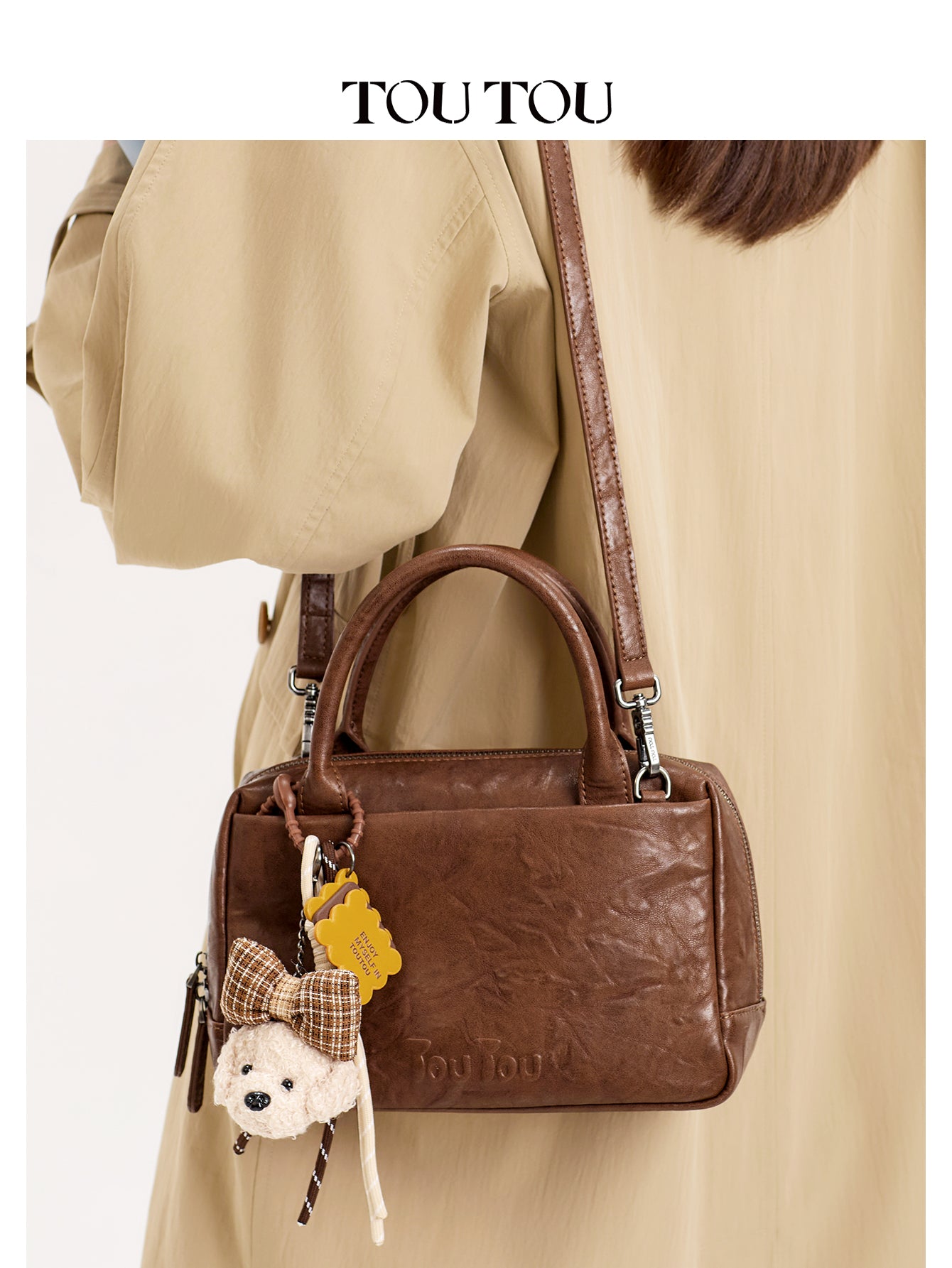 TOUTOU Brown Bowling Handbag: Cute Dog Charm & Multi - Pocket Design