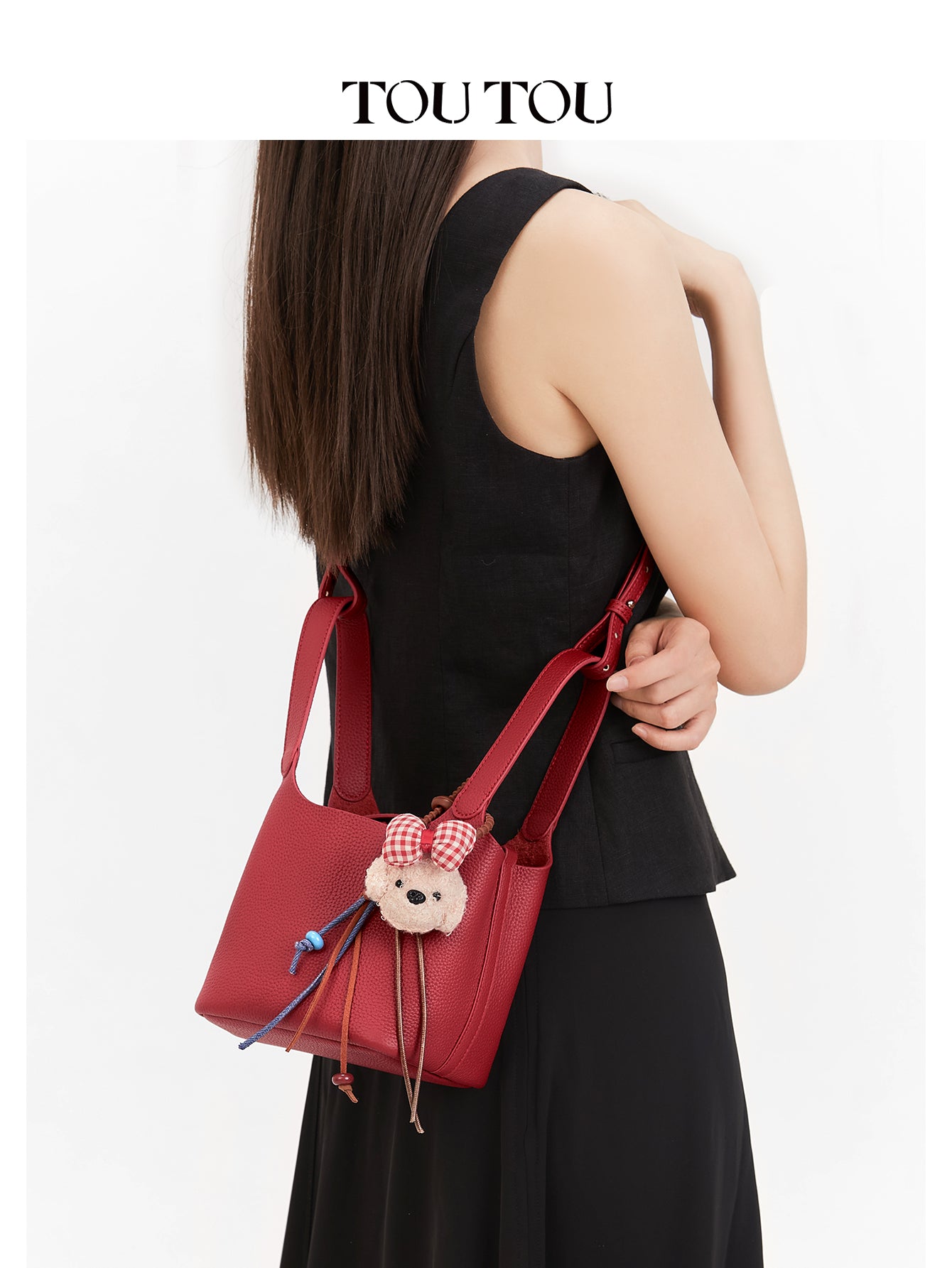 TOUTOU Red Cowhide Bucket Bag: Cute Teddy Charm & Versatile Style