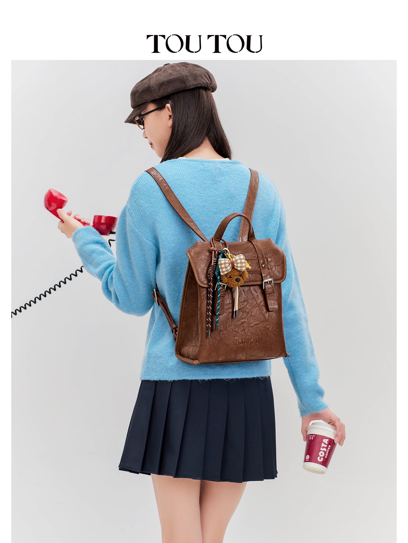 TOUTOU Vintage Microfiber Leather Backpack with Plush Pendant – Fits 8.3'' Device, Adjustable Strap