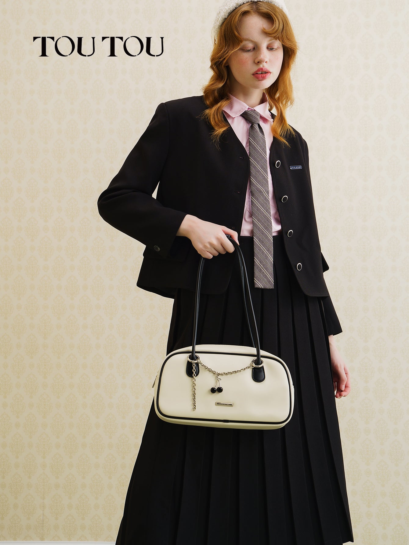 TOUTOU White Shoulder Bag: Cherry Chain Detail & Retro Charm
