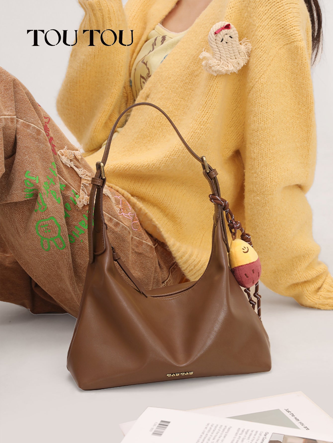 TOUTOU Brown Hobo Bag: Plush Fruit Pendant & Versatile Styling