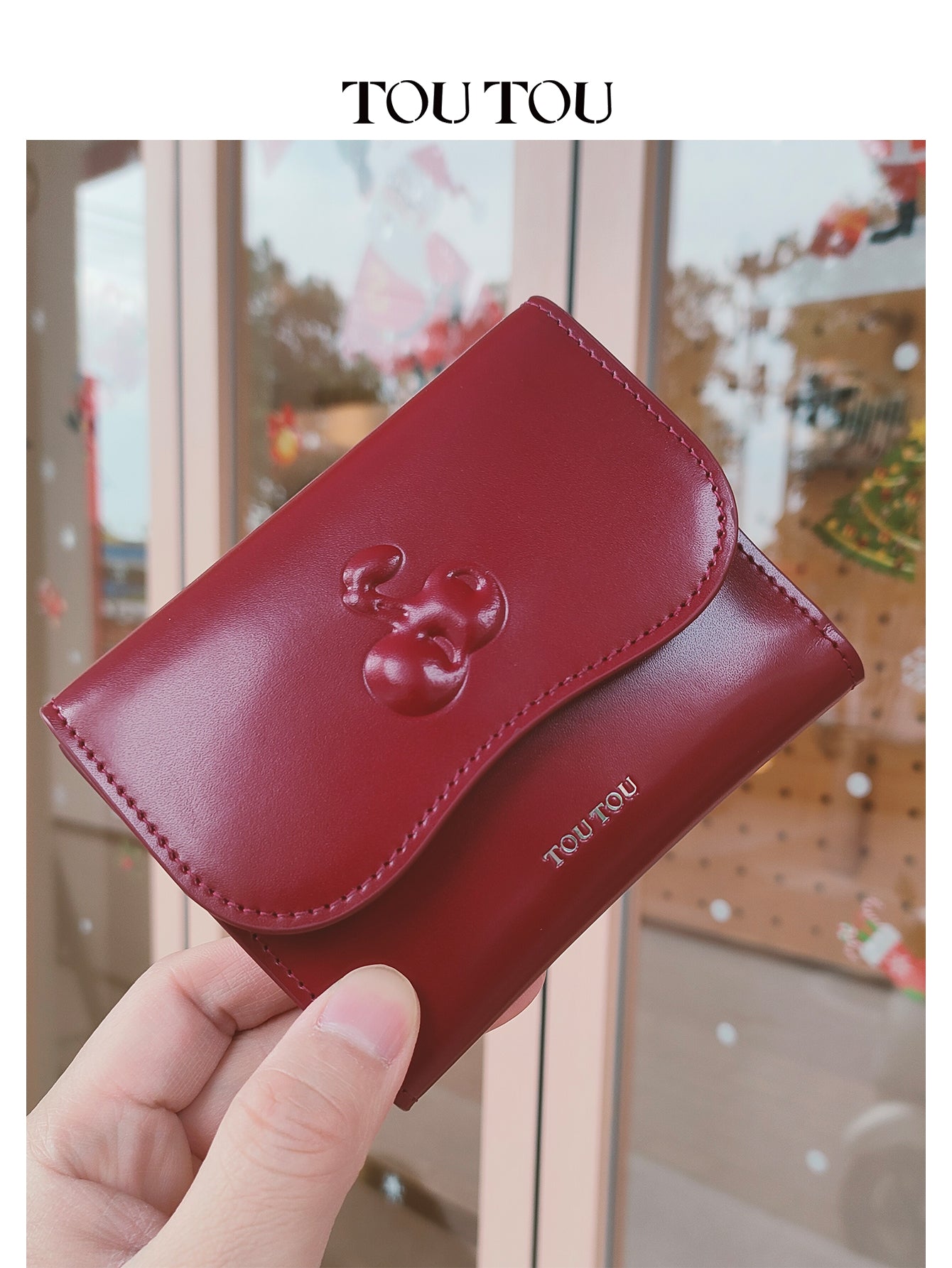 TOUTOU Cherry - Embossed Red Wallet: Chic & Compact Card Holder