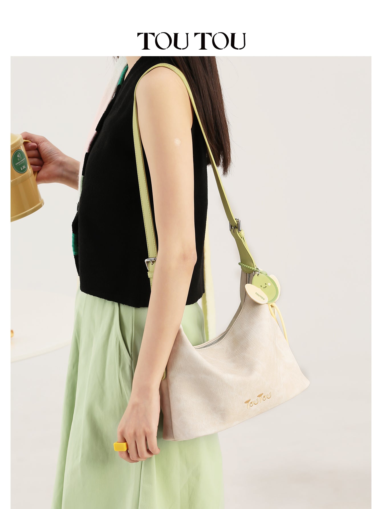 TOUTOU Beige Hobo Bag: Cute Fruit Pendant & Adjustable Strap