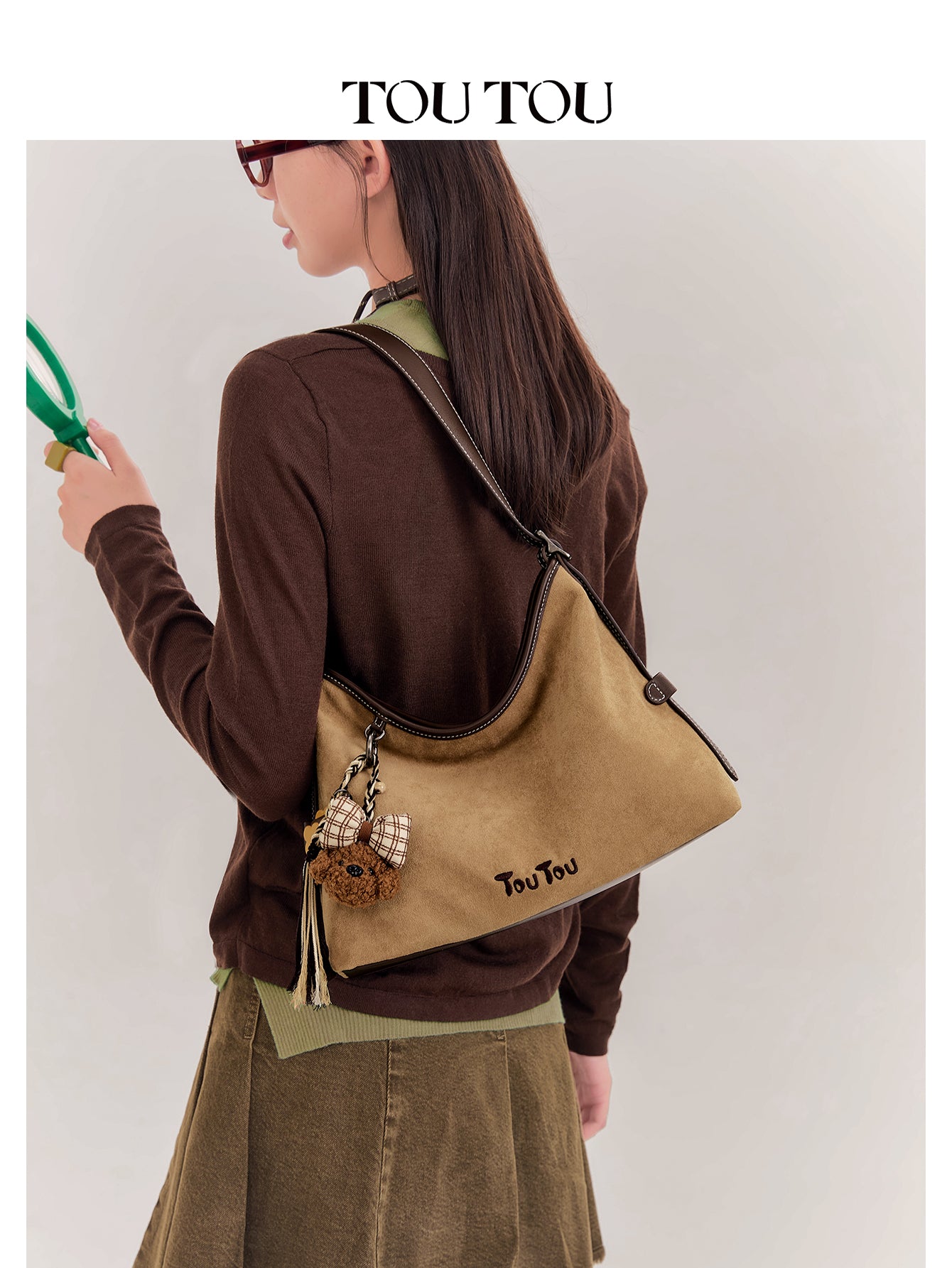TOUTOU Beige Hobo Bag with Plush Bear Pendant: Retro & Playful