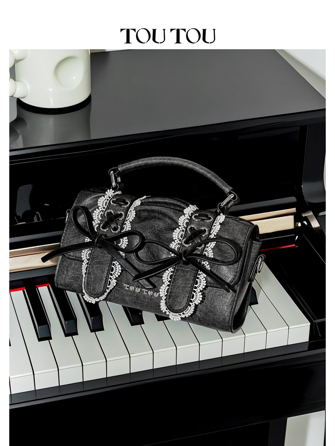 TOUTOU Black Barrel Bag with Lace & Bow Accents: Y2K - Inspired Cute Goth Style