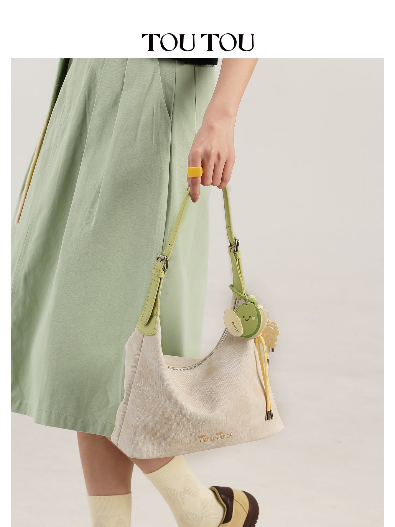 TOUTOU Beige Hobo Bag: Cute Fruit Pendant & Adjustable Strap
