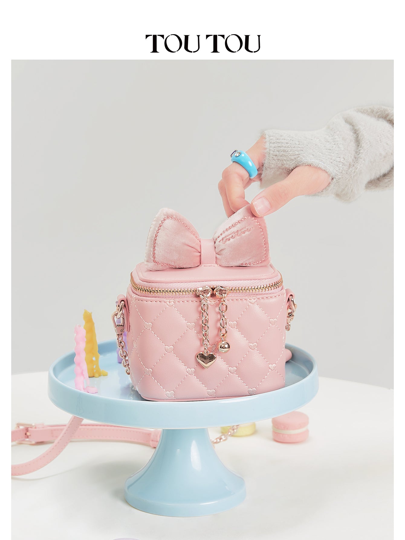 TOUTOU Cute Pink Mini Crossbody Bag with Velvet Bow - Quilted Heart Pattern Purse for Women