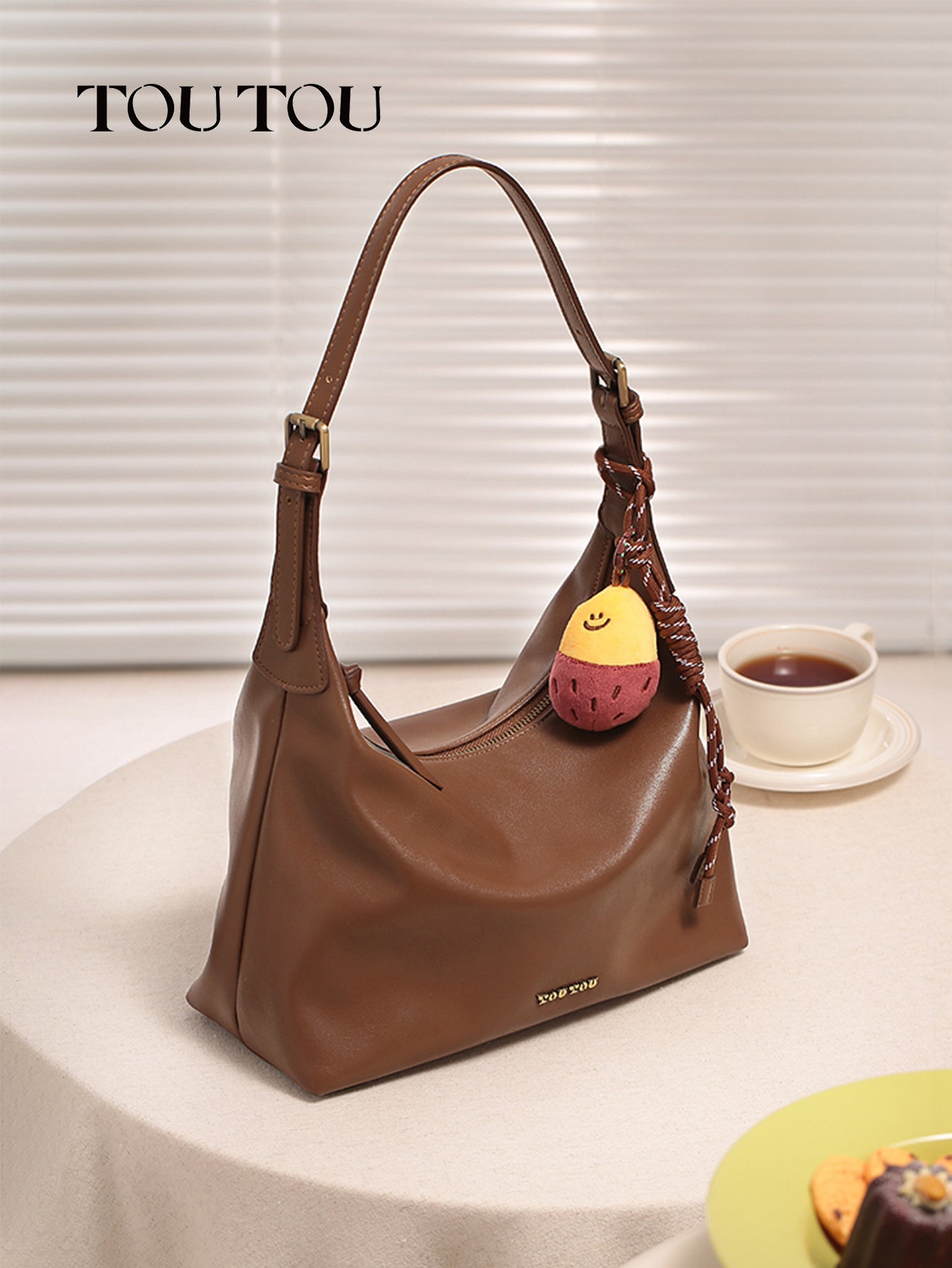 TOUTOU Brown Hobo Bag: Plush Fruit Pendant & Versatile Styling
