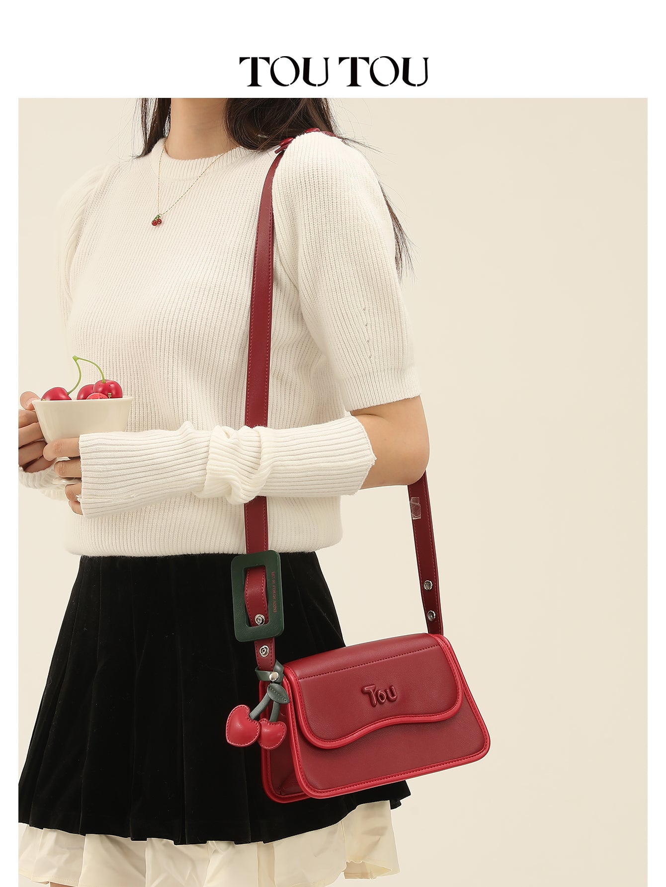 TOUTOU Red Cherry Decor Shoulder Bag: Chic & Playful Design