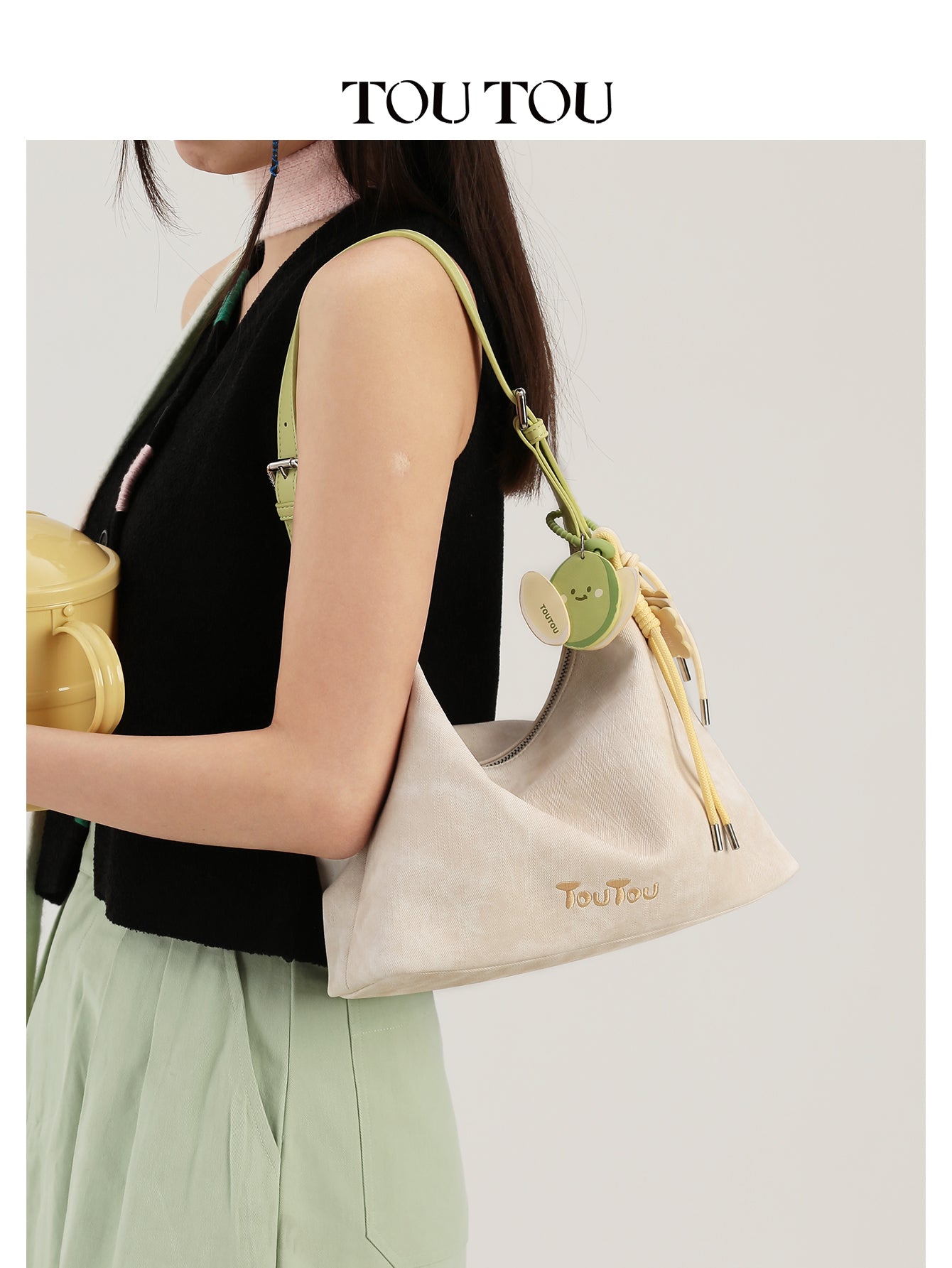 TOUTOU Beige Hobo Bag: Cute Fruit Pendant & Adjustable Strap