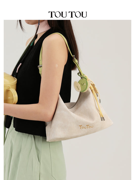 TOUTOU Beige Hobo Bag: Cute Fruit Pendant & Adjustable Strap