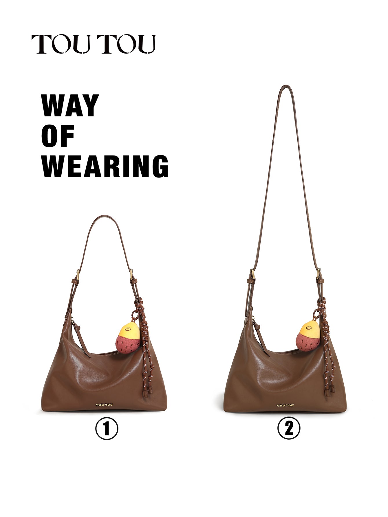 TOUTOU Brown Hobo Bag: Plush Fruit Pendant & Versatile Styling