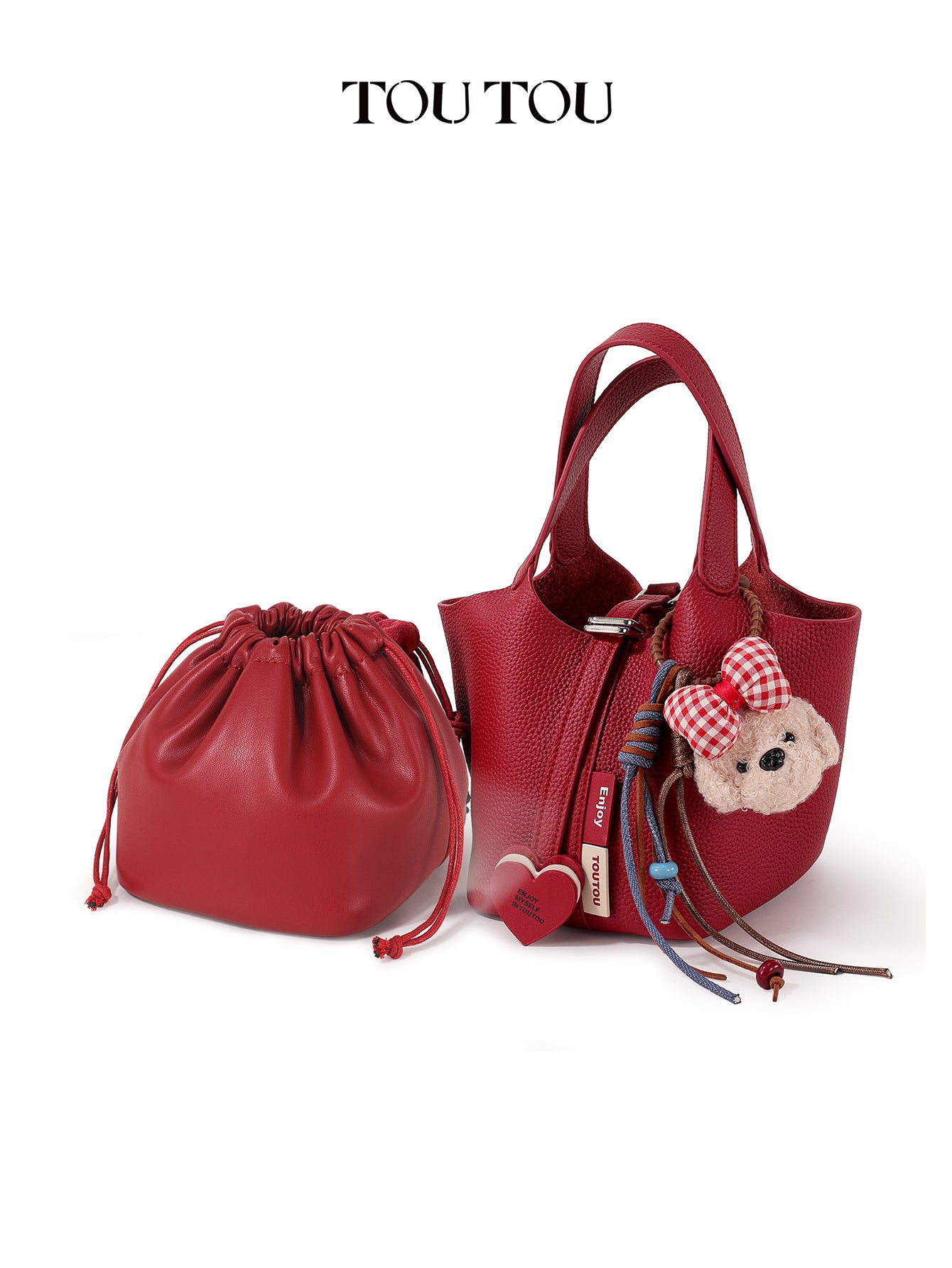 TOUTOU Red Cowhide Bucket Bag: Cute Teddy Charm & Versatile Style