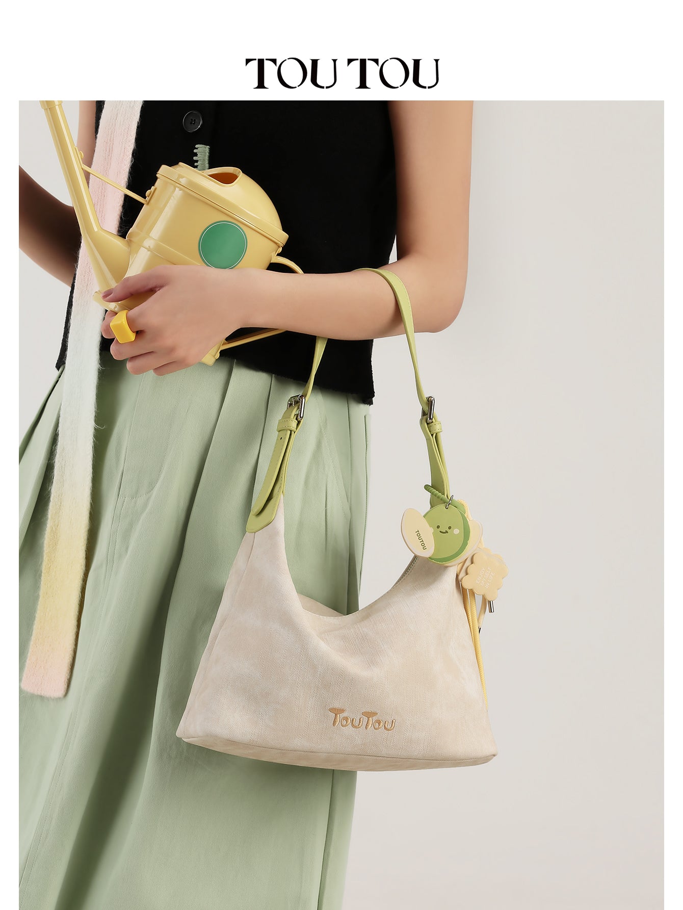 TOUTOU Beige Hobo Bag: Cute Fruit Pendant & Adjustable Strap