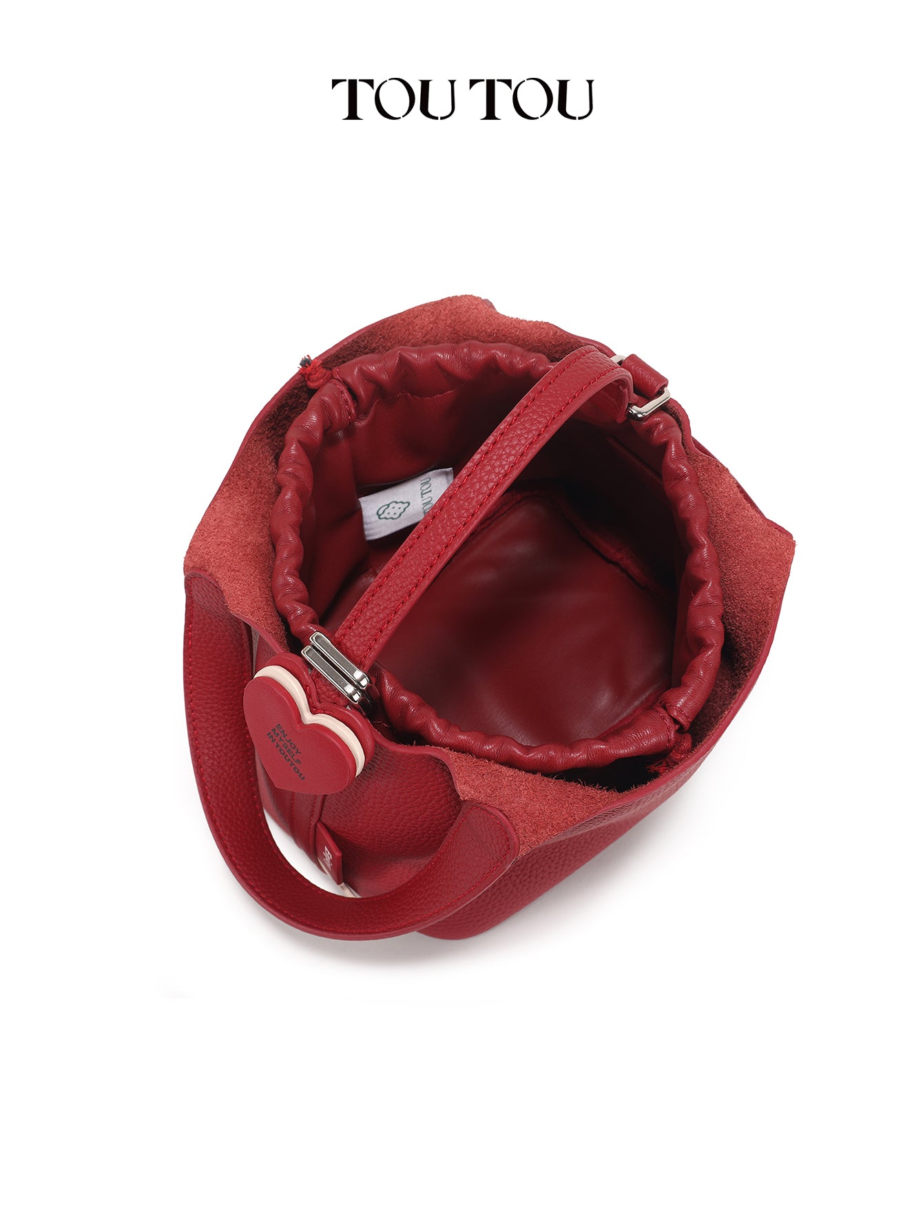 TOUTOU Red Cowhide Bucket Bag: Cute Teddy Charm & Versatile Style