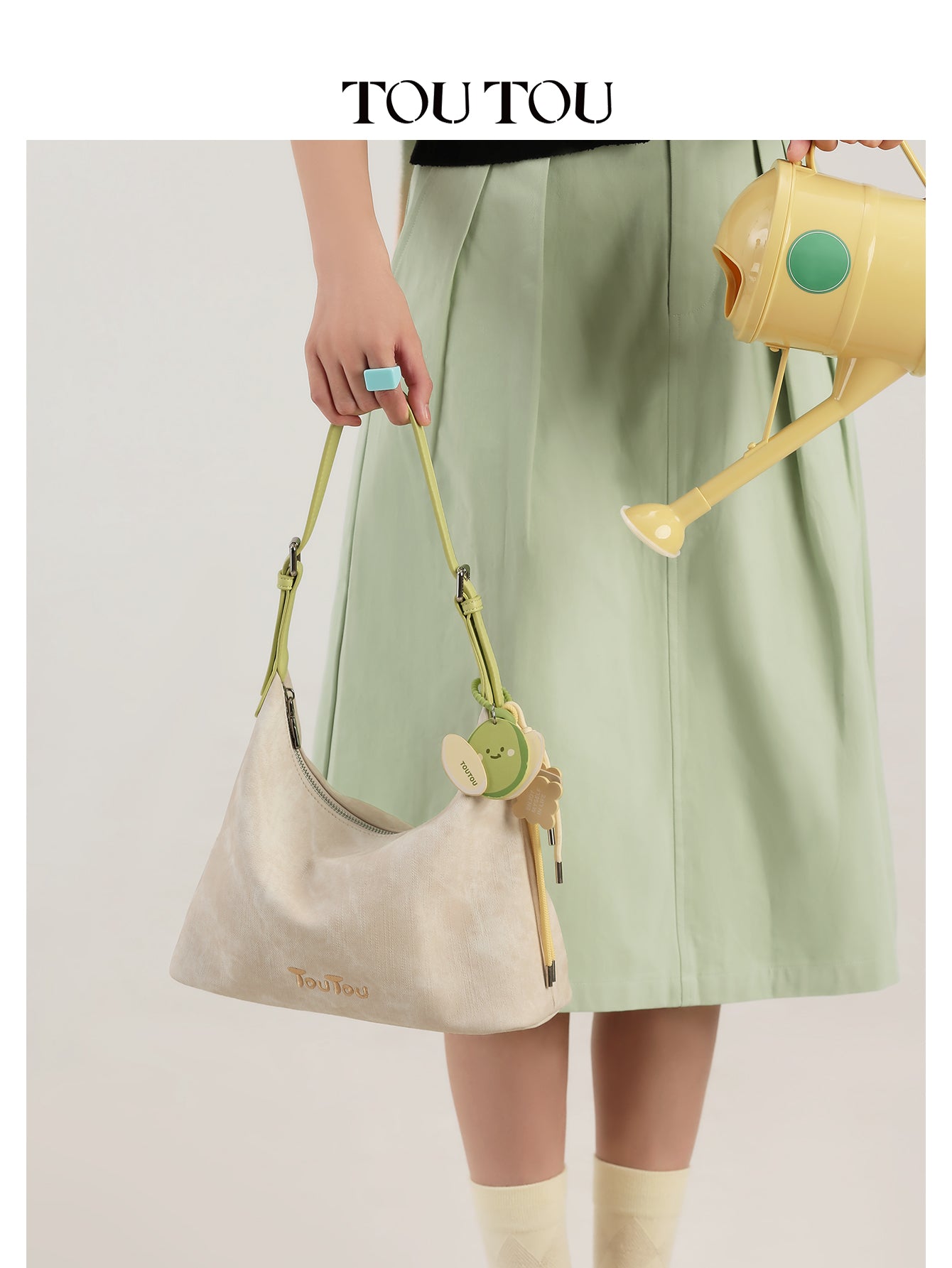 TOUTOU Beige Hobo Bag: Cute Fruit Pendant & Adjustable Strap