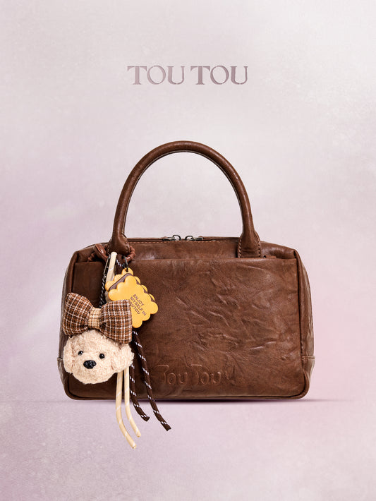 TOUTOU Brown Bowling Handbag: Cute Dog Charm & Multi - Pocket Design