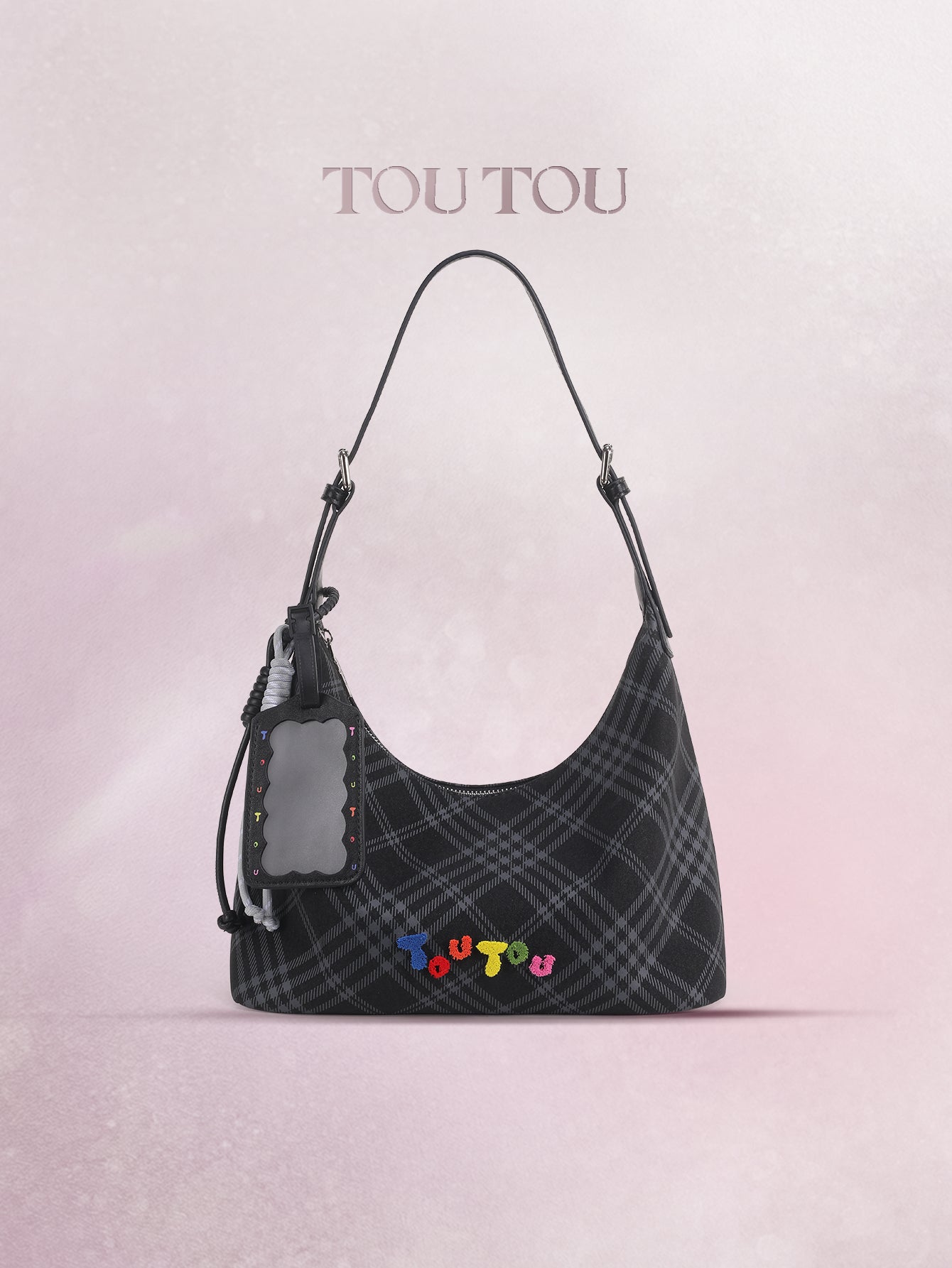 TOUTOU Black Plaid Hobo Bag with Colorful Branding: Trendy & Playful