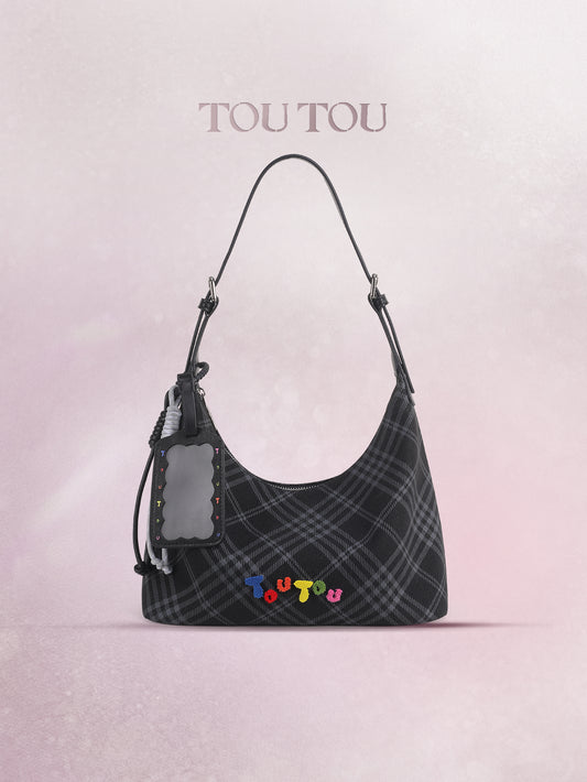 TOUTOU Black Plaid Hobo Bag with Colorful Branding: Trendy & Playful