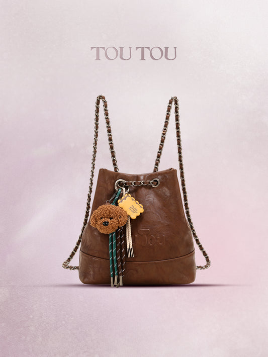 TOUTOU Brown Bucket Bag with Plush Dog Pendant | Adjustable Chain Strap & Microfiber Leather