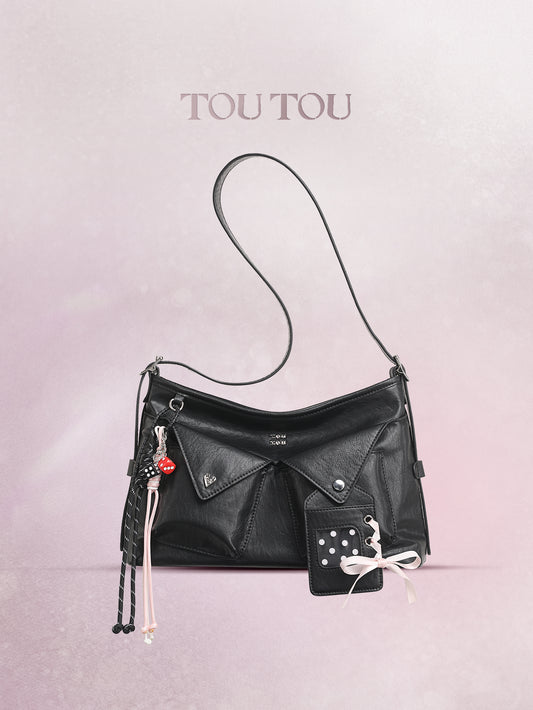 TOUTOU Black Crossbody Bag: Edgy Design with Adjustable Strap