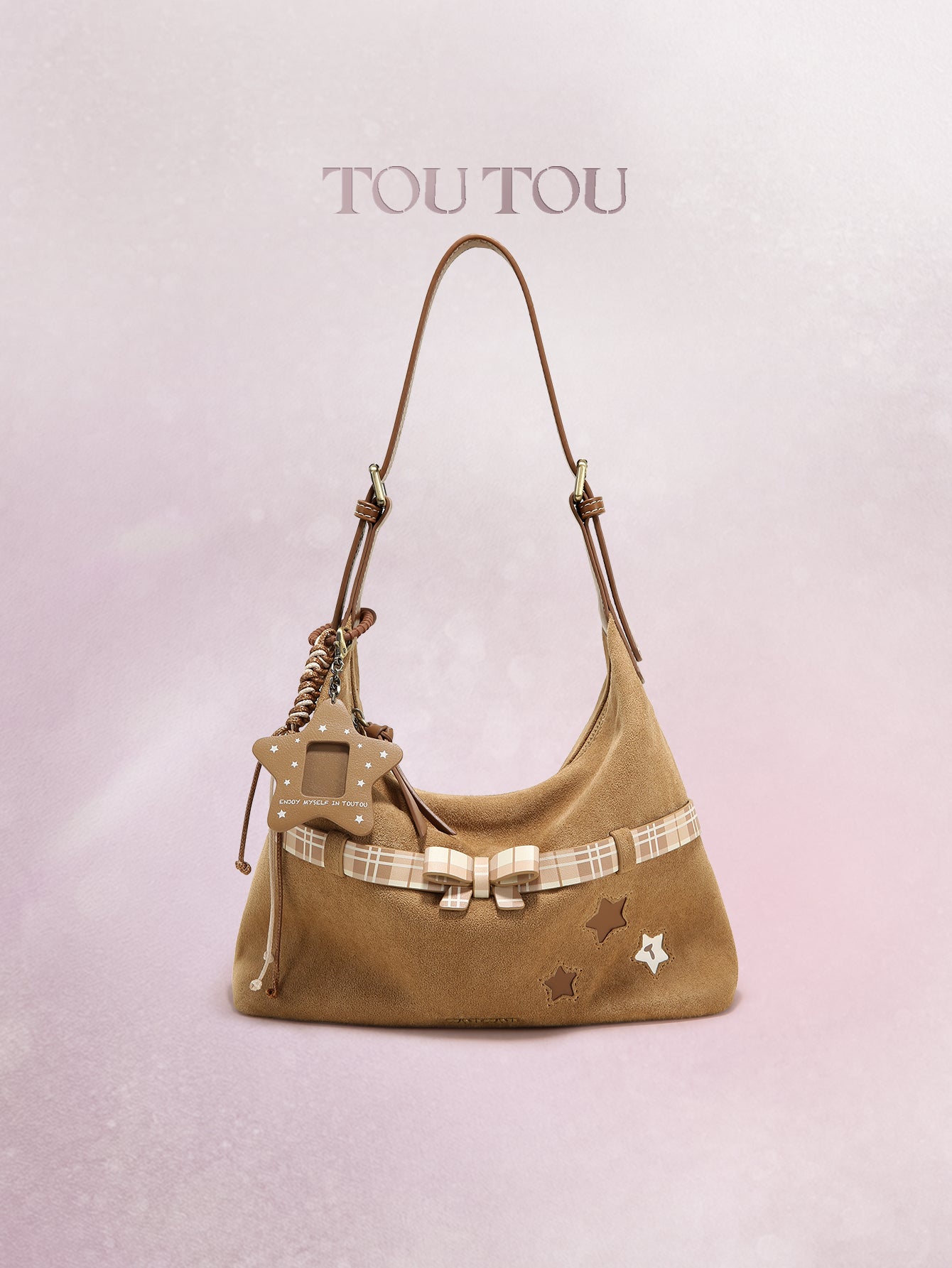 TOUTOU Cute Star & Bow Hobo Bag for Women - Brown Suede-Like Shoulder Bag with Multiple Pockets