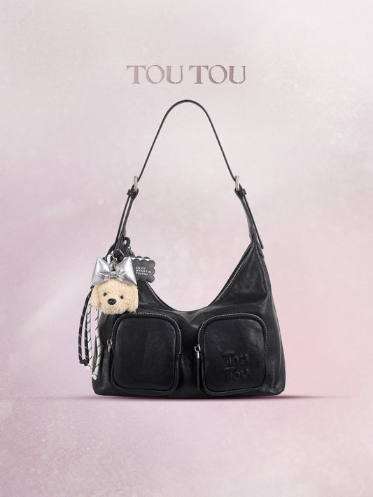 TOUTOU Black Hobo Bag with Plush Bear Pendant: Edgy & Cute