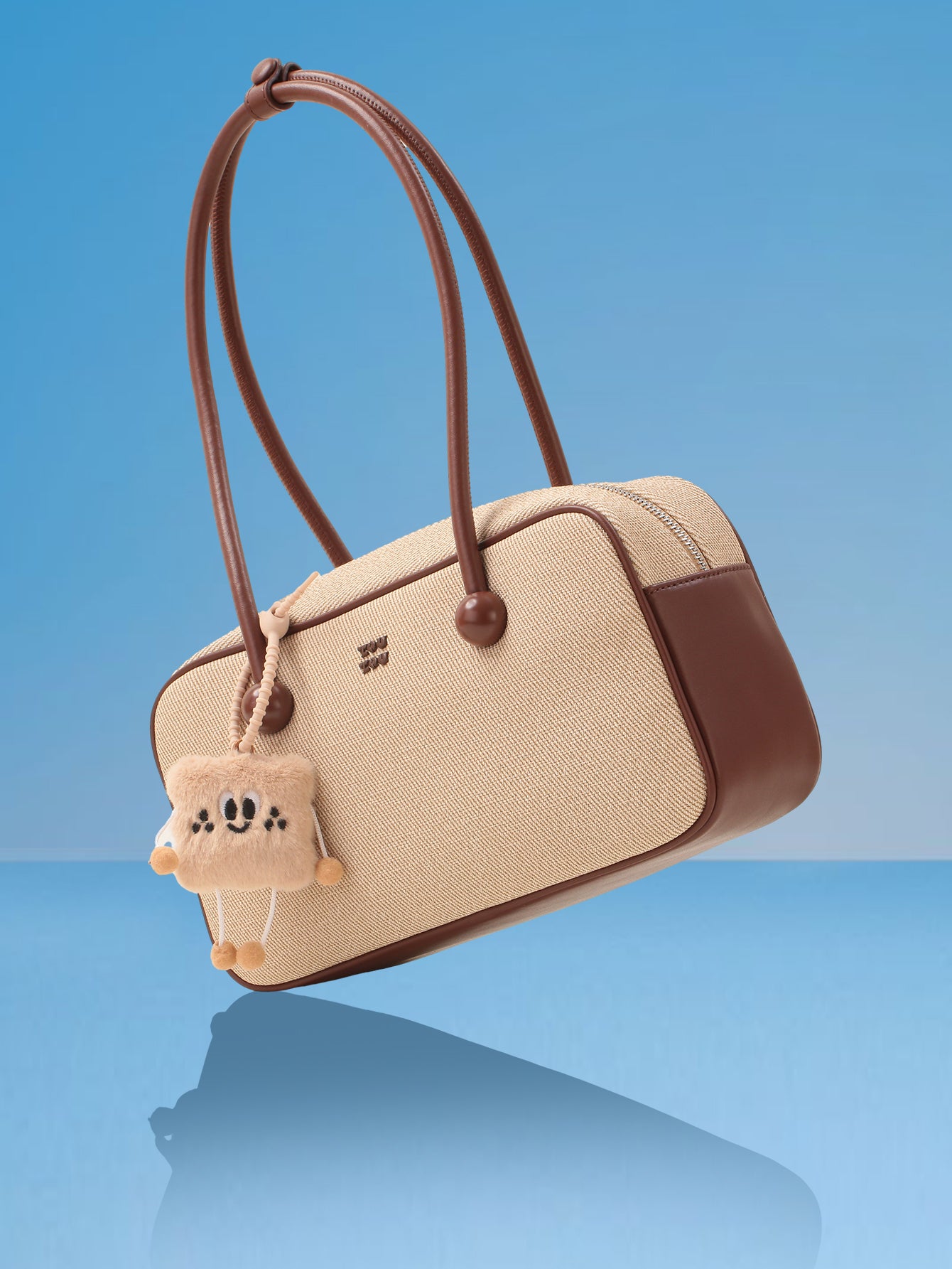 TOUTOU Beige & Brown Shoulder Bag with Cute Toast Plush Pendant: Casual - Chic Daily Bag