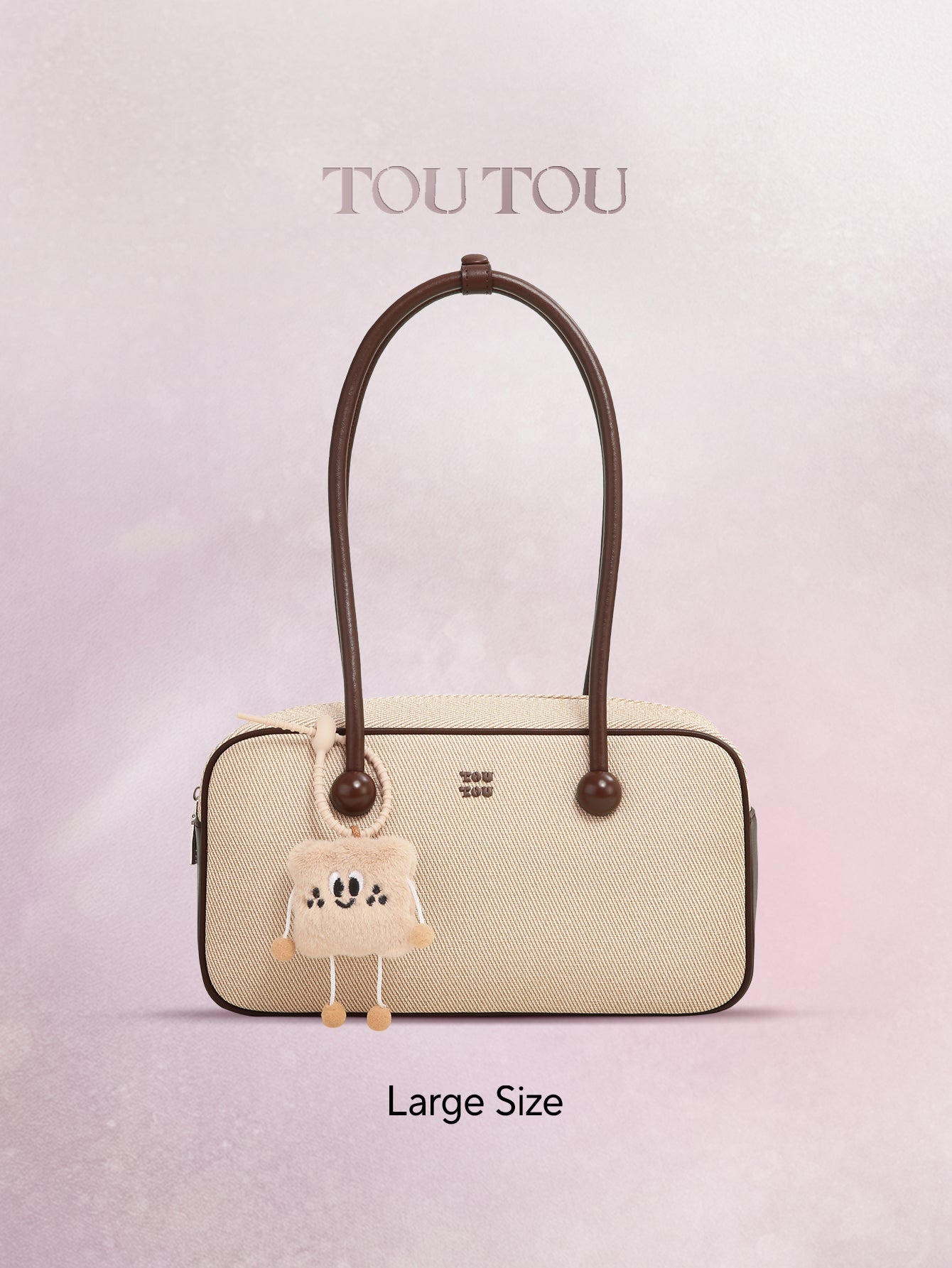 TOUTOU Beige & Brown Shoulder Bag with Cute Toast Plush Pendant: Casual - Chic Daily Bag